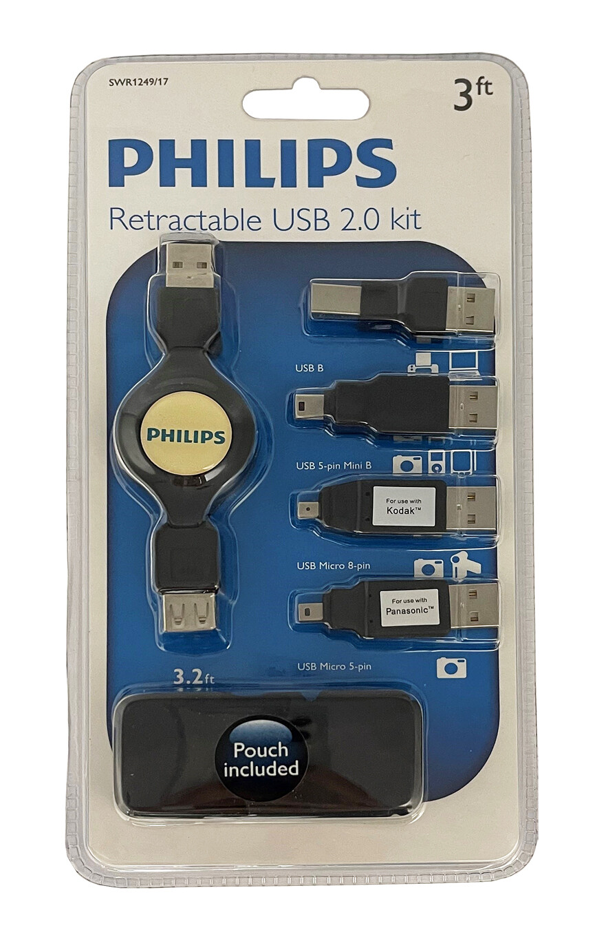 Philips Retractable USB Extension 3.2ft, USB A male/female + 4 USB Adapter Plugs