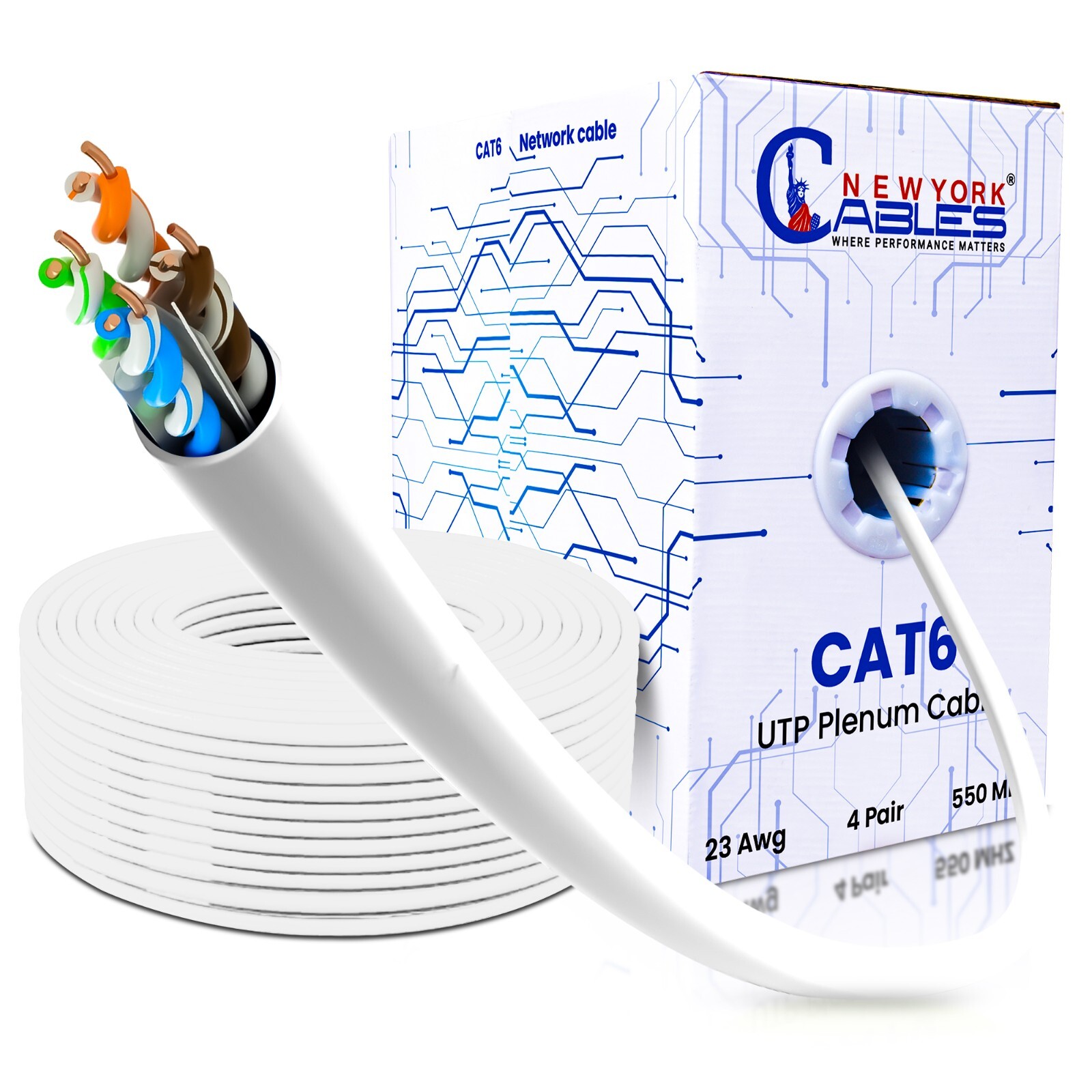 CAT6 Plenum Cable 1000ft Ethernet Internet Wire UTP 550MHz CMP 23AWG 10GB White