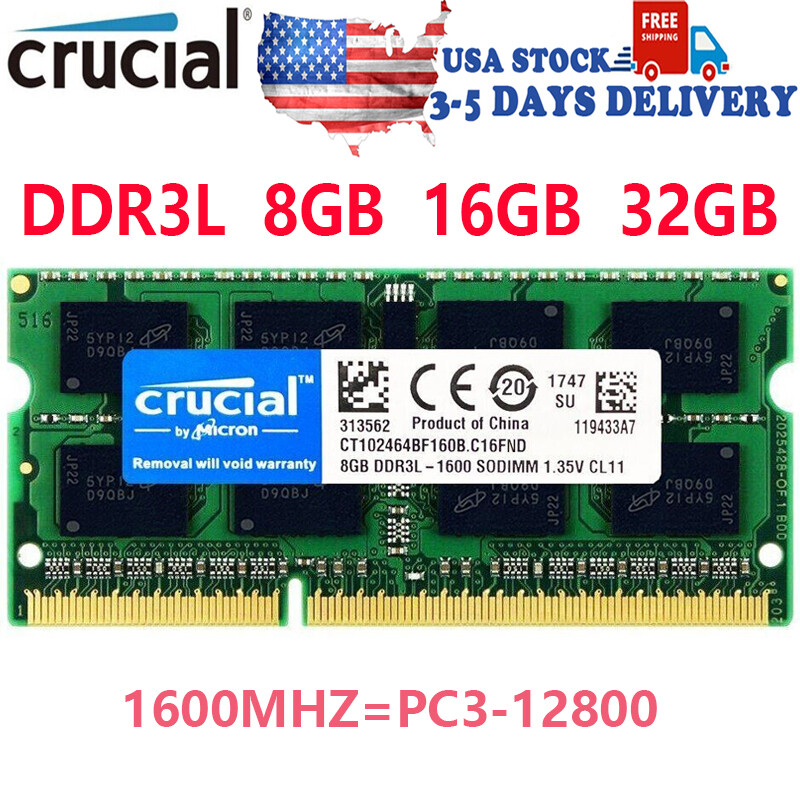 Crucial DDR3L 8GB 16GB 32GB 1600MHZ PC3L-12800 Laptop SODIMM 204-Pin Memory RAM