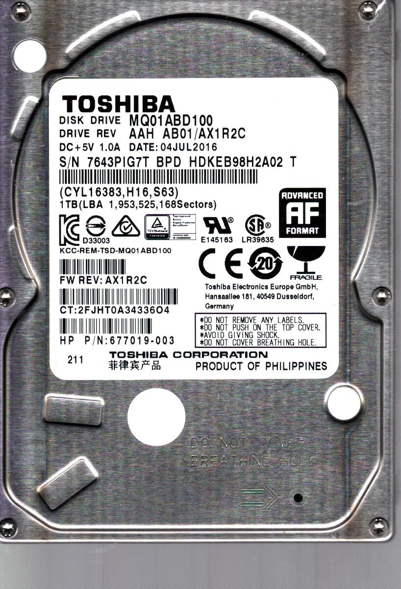 MQ01ABD100 HDKEB98H2A02 T REV: AAH AB01/AX1R2C 1TB JUL 2016 PHILIPPINES TOSHIBA