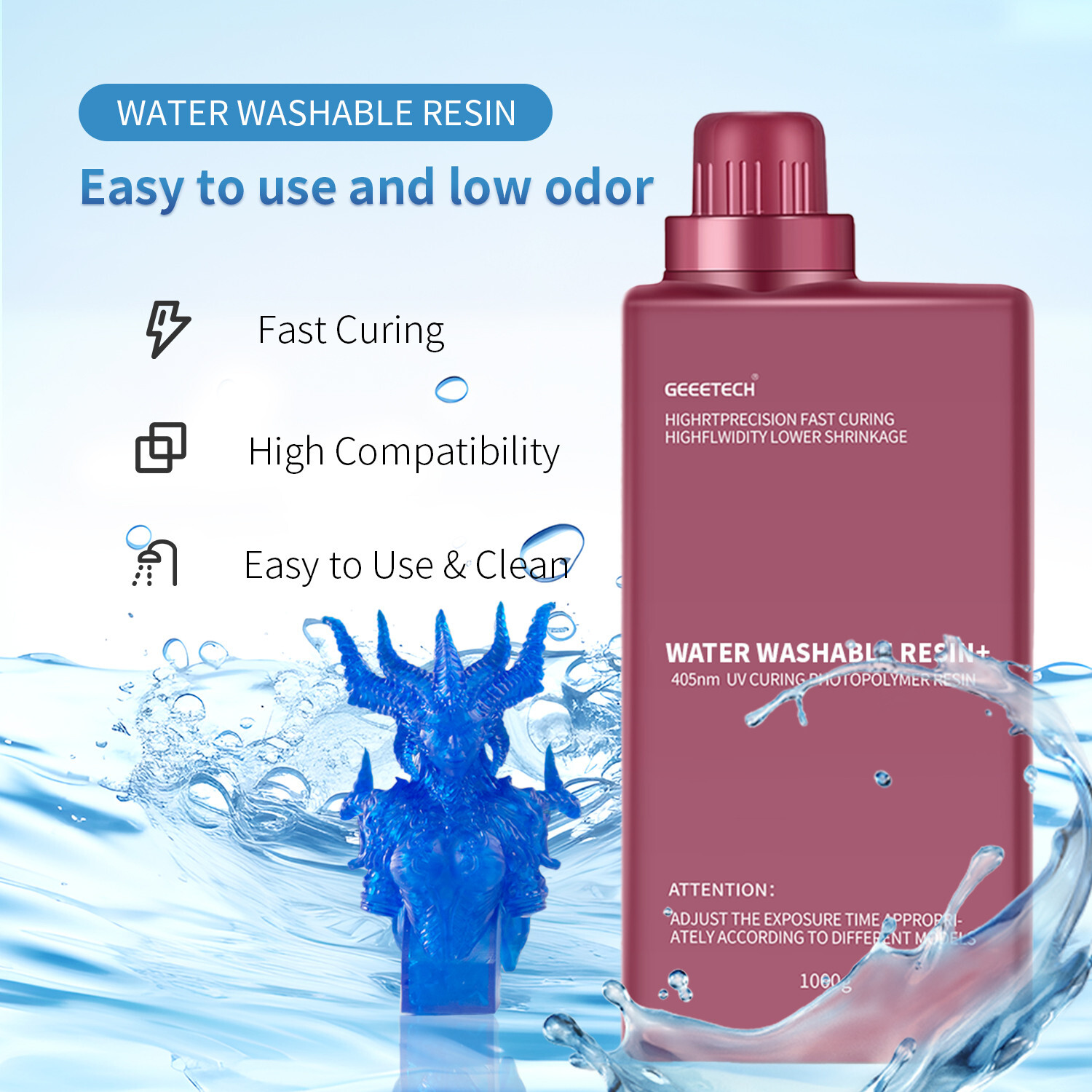 Geeetech Water Washable Resin 405nm UVCuring Resin 1kg Blue for Resin 3D Printer