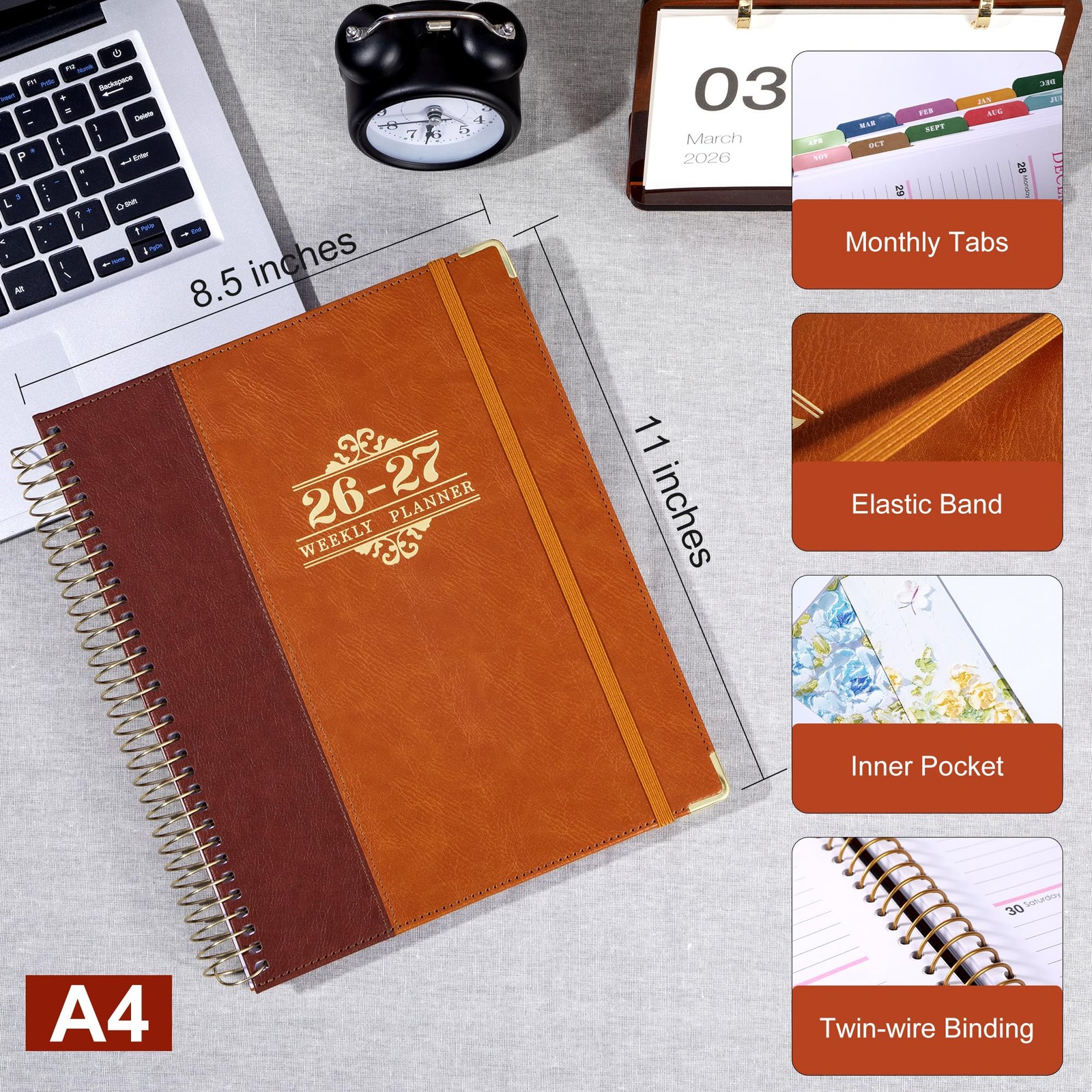 Planner 2026-2027 A4 8.5 x 11 Leather Two Tone Weekly Monthly Rust