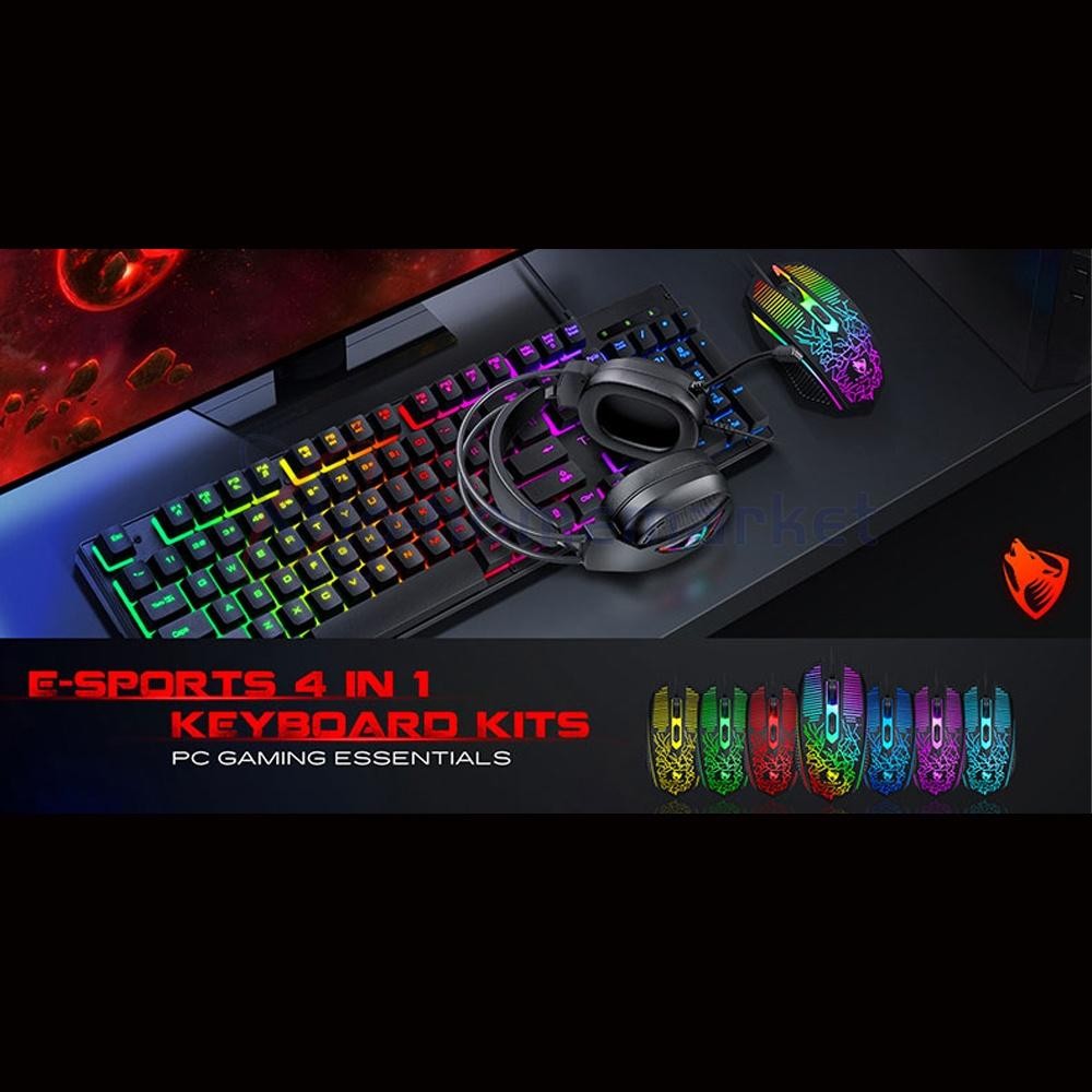 4IN1 LED Gamer Bundle Mechanical Kits,RGB PC Gaming Keyboard Mouse &Headset Set
