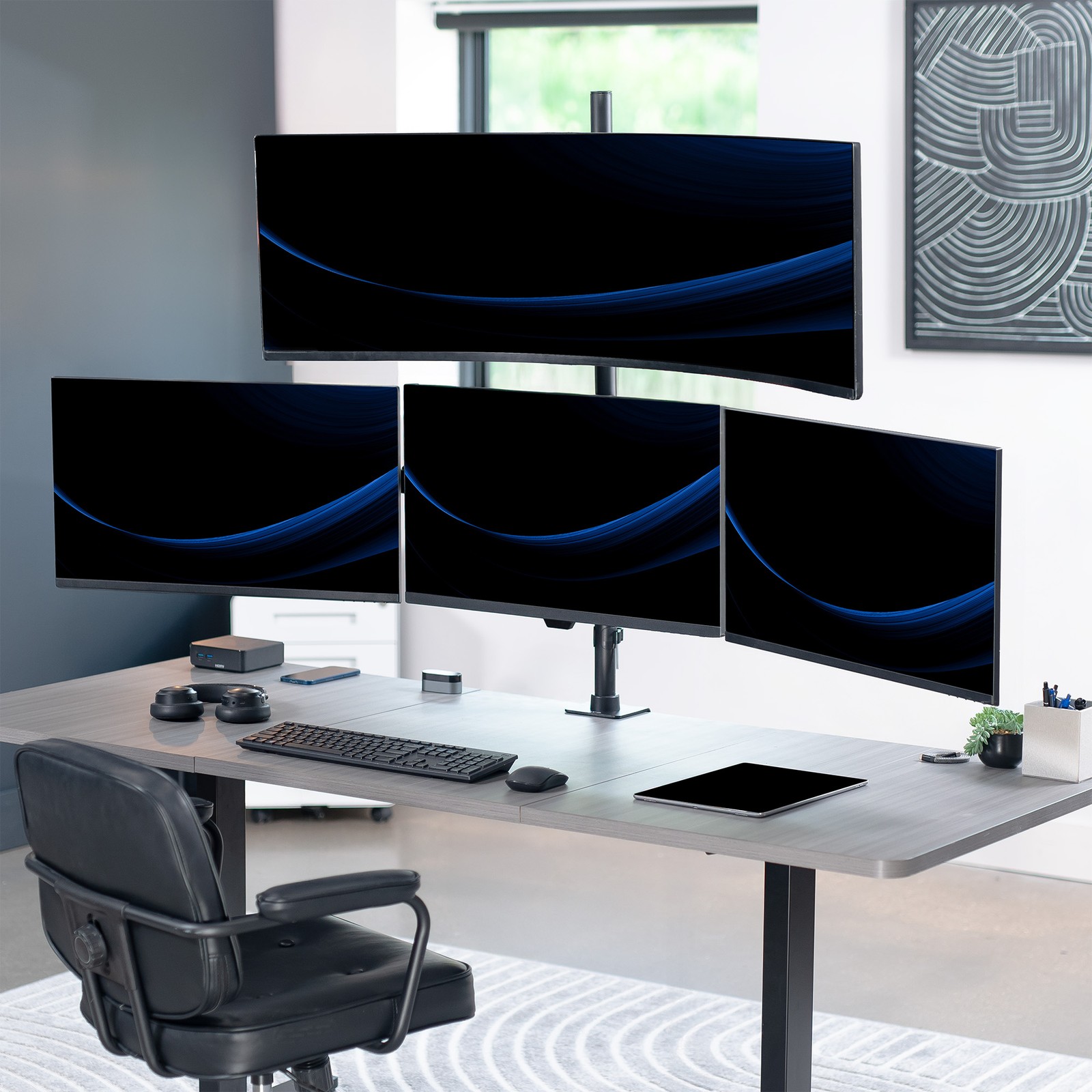 VIVO Quad Computer Monitor Desk Mount, 1 Ultrawide to 49″, 3 Standard to 27″