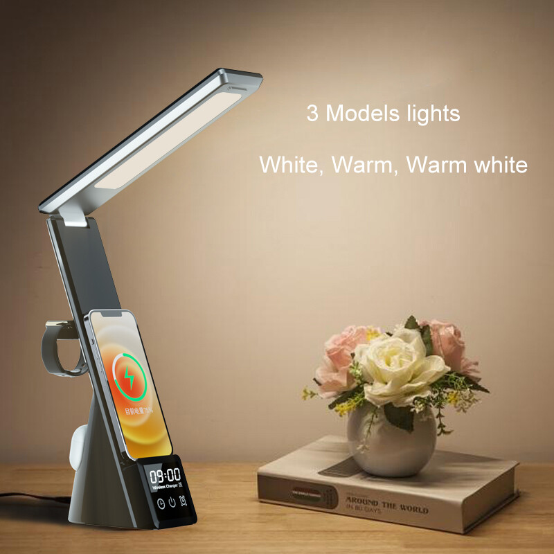 LED Desk Lamp Wireless Charger 15 W USB Type-C with Clock and Alarm