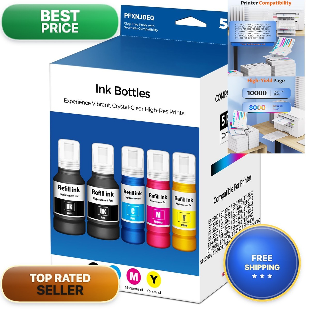 EPT502 Ink Refill Bottle 5-Pack for ET-2850 ET-3850 ET-4850 ET-15000 ET-2760