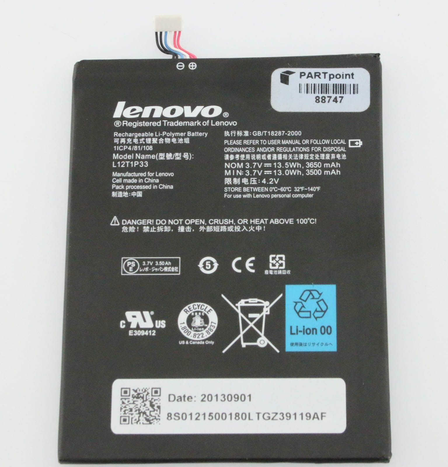 L12T1P33 Lenovo Battery 3.7V 3500mAh 1 Cell 3.7 Volts For IdeaTab A3000