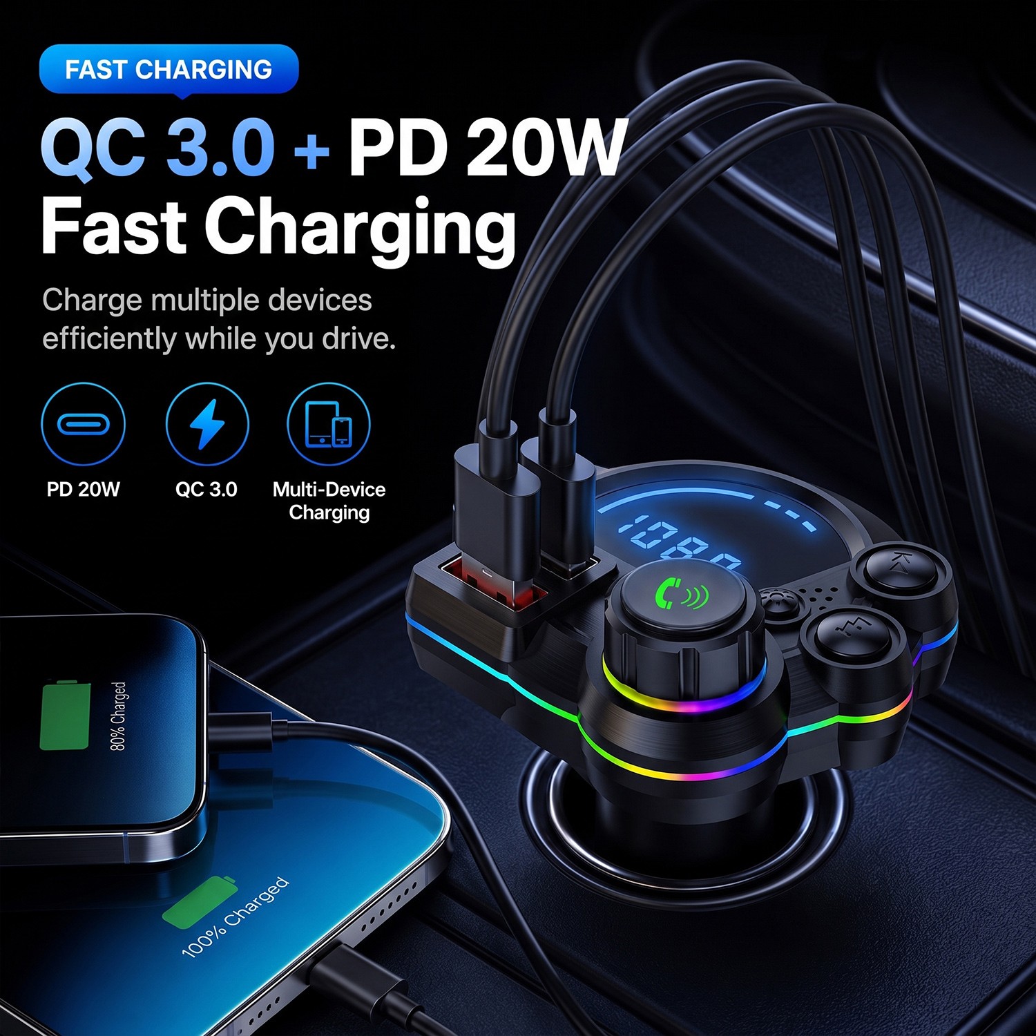 Bluetooth 5.3 Car Wireless FM Transmitter Adapter Hands Free Calling MP3 Player
