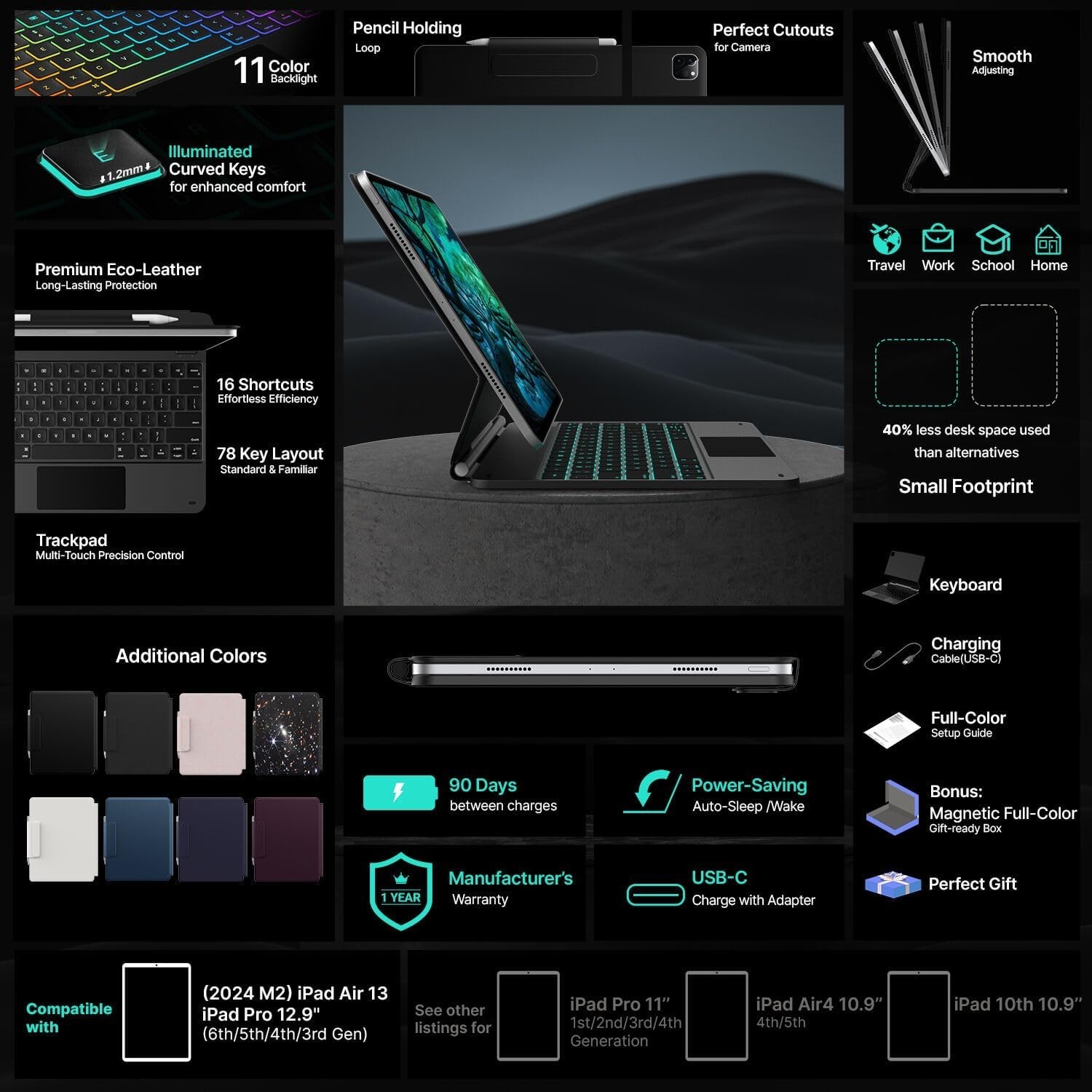 Typecase Edge iPad Air 13 & Pro 12.9 Keyboard Case 11-Color Backlight Trackpad