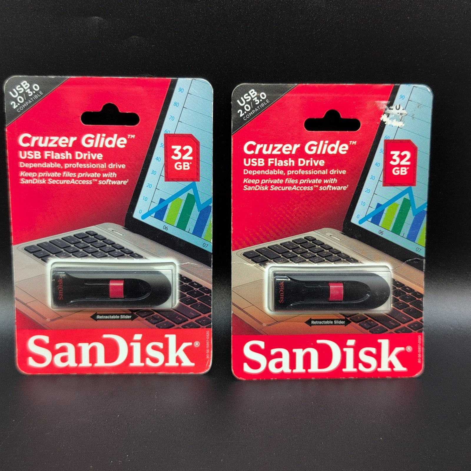 Sandisk Cruzer Glide USB 2.0 Flash Drive 32 GB SDCZ60-032G-AW46 Pack of 2