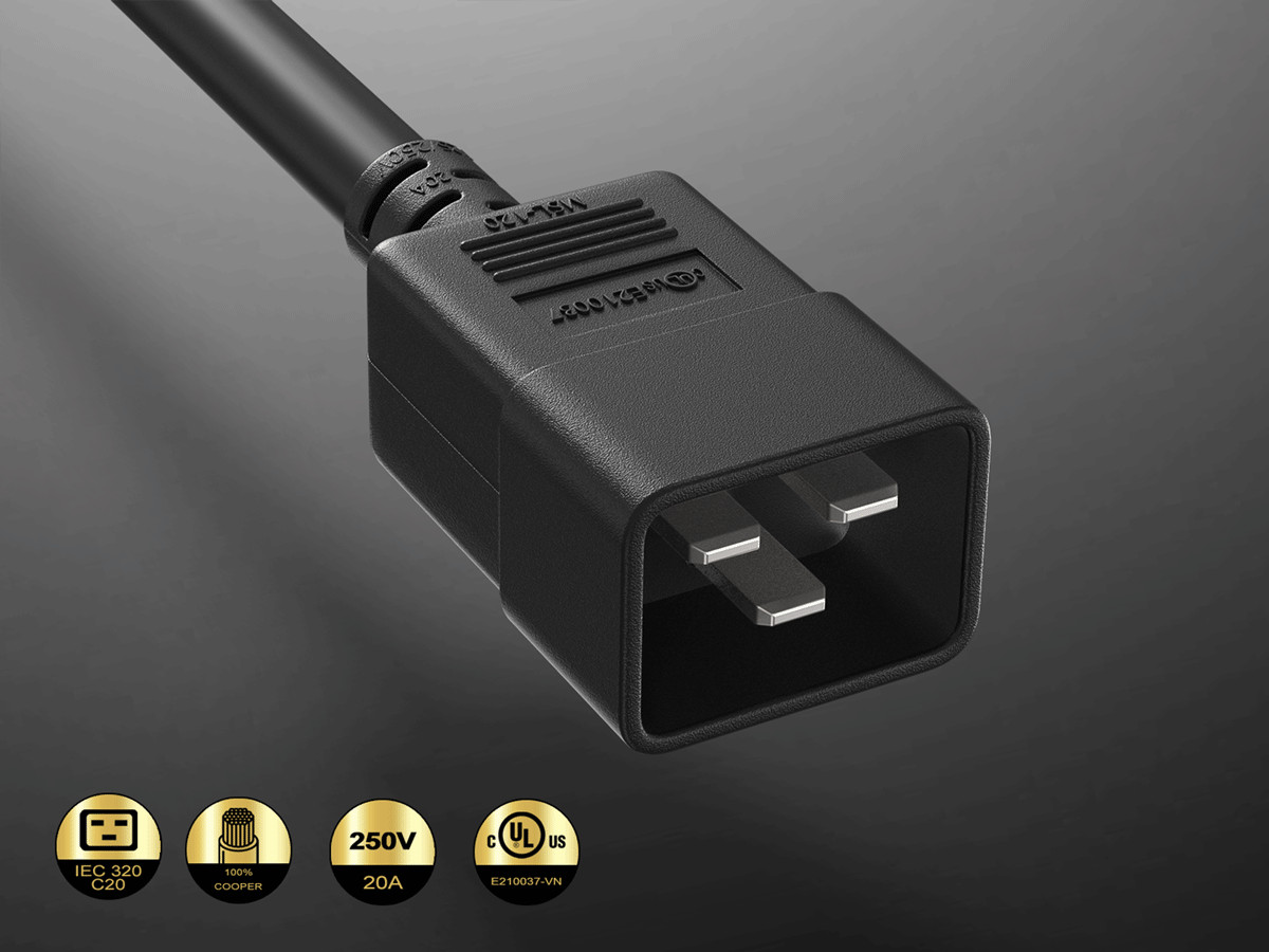3ft C20 to Right Angle C19 Power Cord 12AWG 20A/250V SJT UL, Black