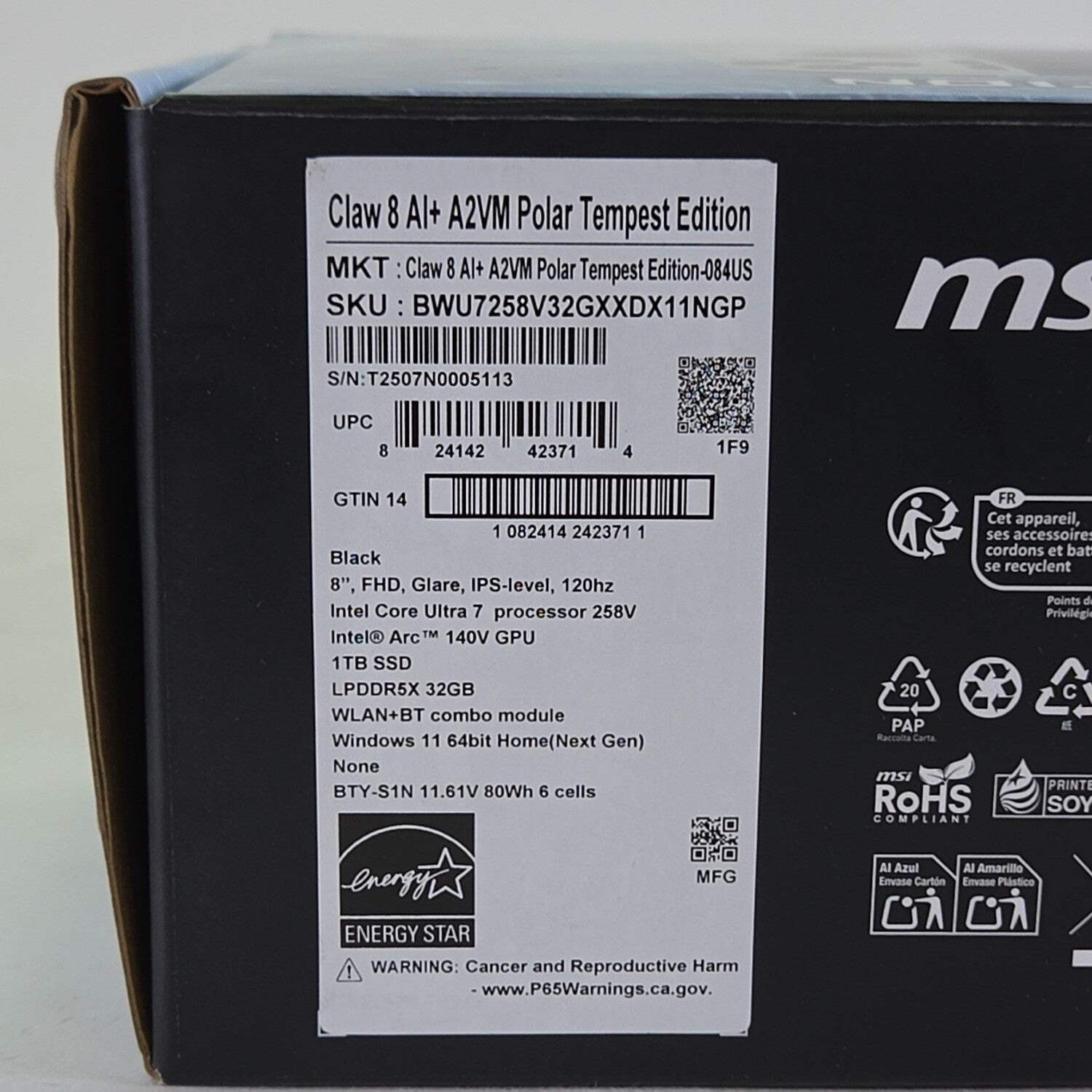 MSI Claw 8 AI+ 8″ Intel Core Ultra 7 258V 32GB RAM 1TB Polar Tempest