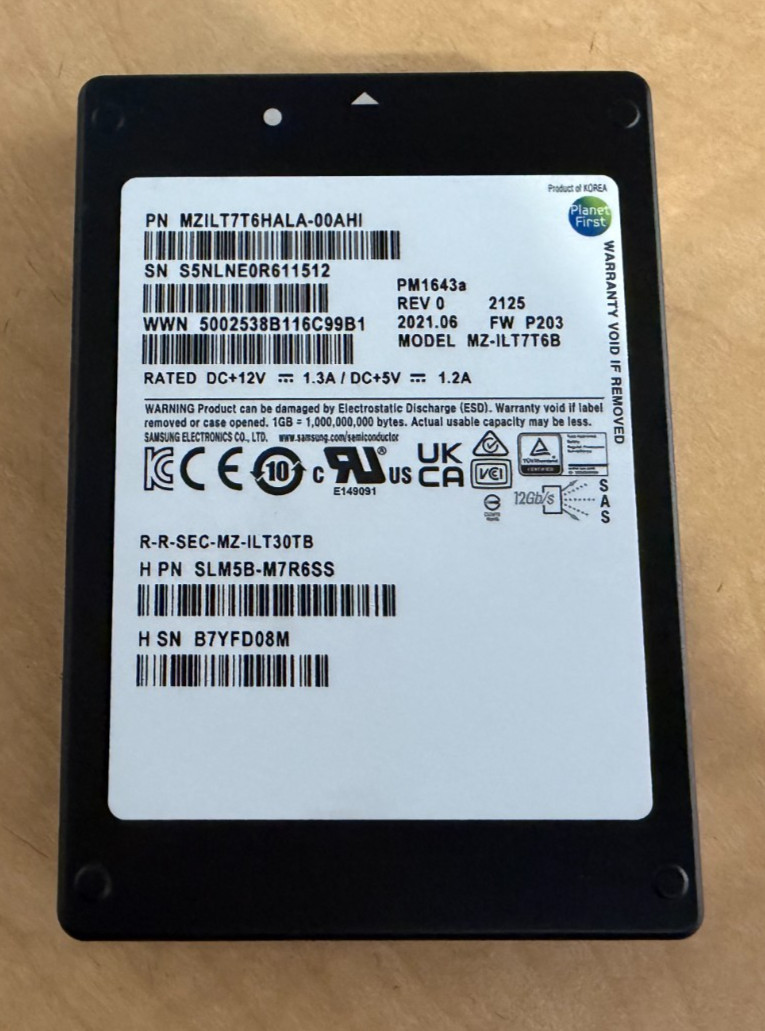 Samsung PM1643a 7.68TB 2.5″ SAS SSD MZ-ILT7T6B MZILT7T6HALA (96% Health)