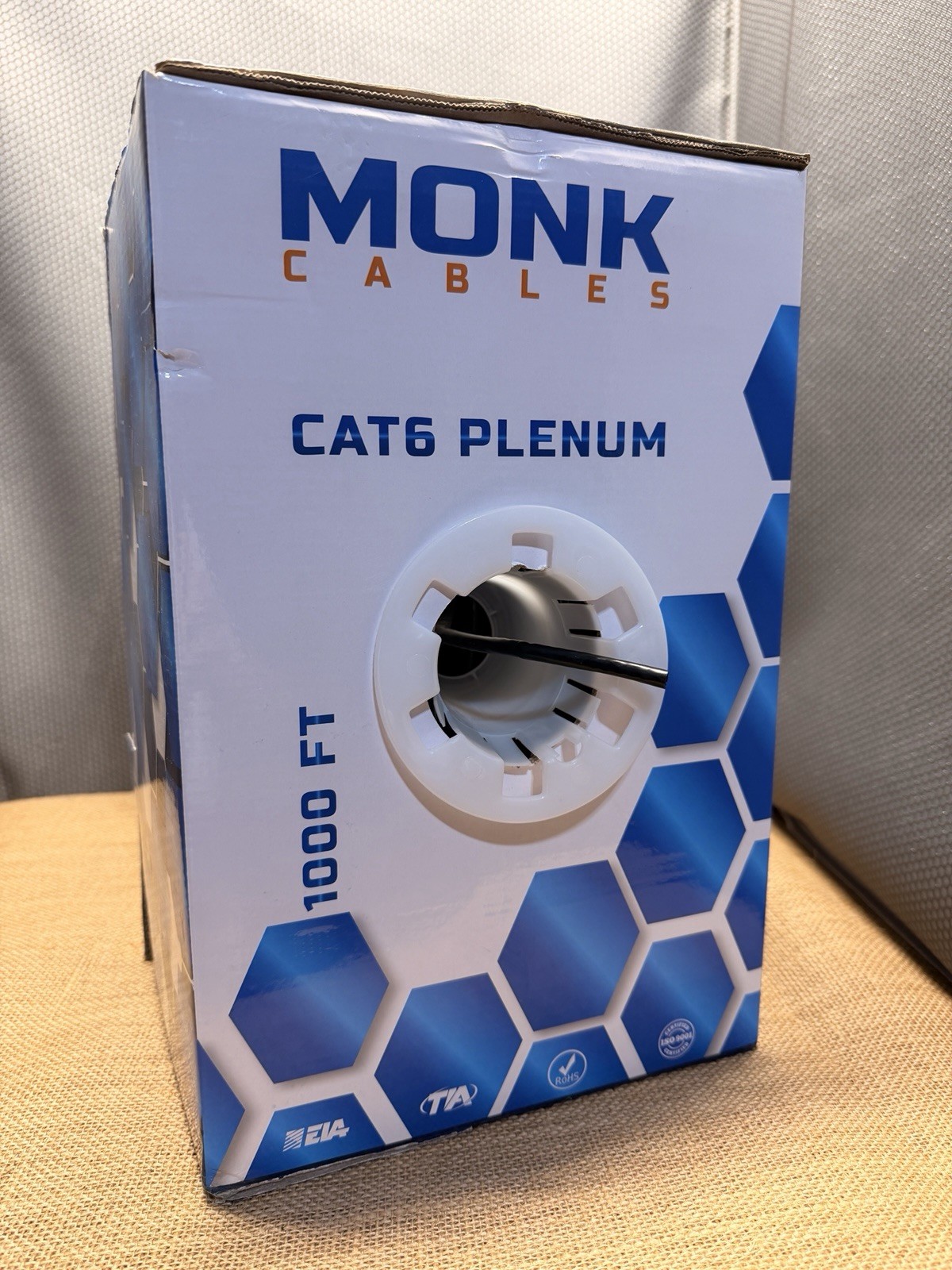 Monk Cables CAT6 Plenum Cable 1000ft Black UTP 23AWG 550MHz DSX-8000 NEW