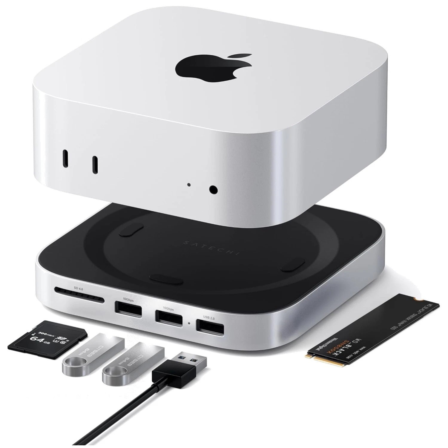 Mac Mini M4 Hub & Stand with NVMe SSD Enclosure – Silver