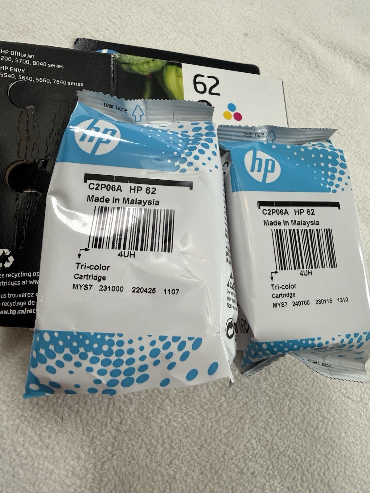 HP 62 Tri Color Ink Lot Of 2 Exp 1/25 Open Package NO BLACK Sealed Ink Wells