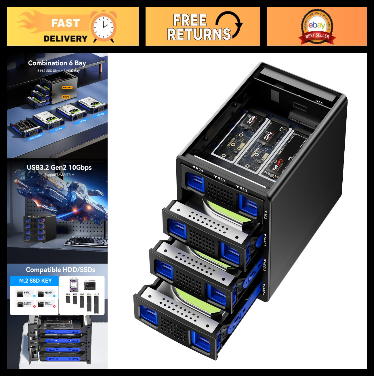 Hybrid SATA HDD/SSD Enclosure with Cooling Fan, USB 3.2 Gen 2, Supports 90TB Sto