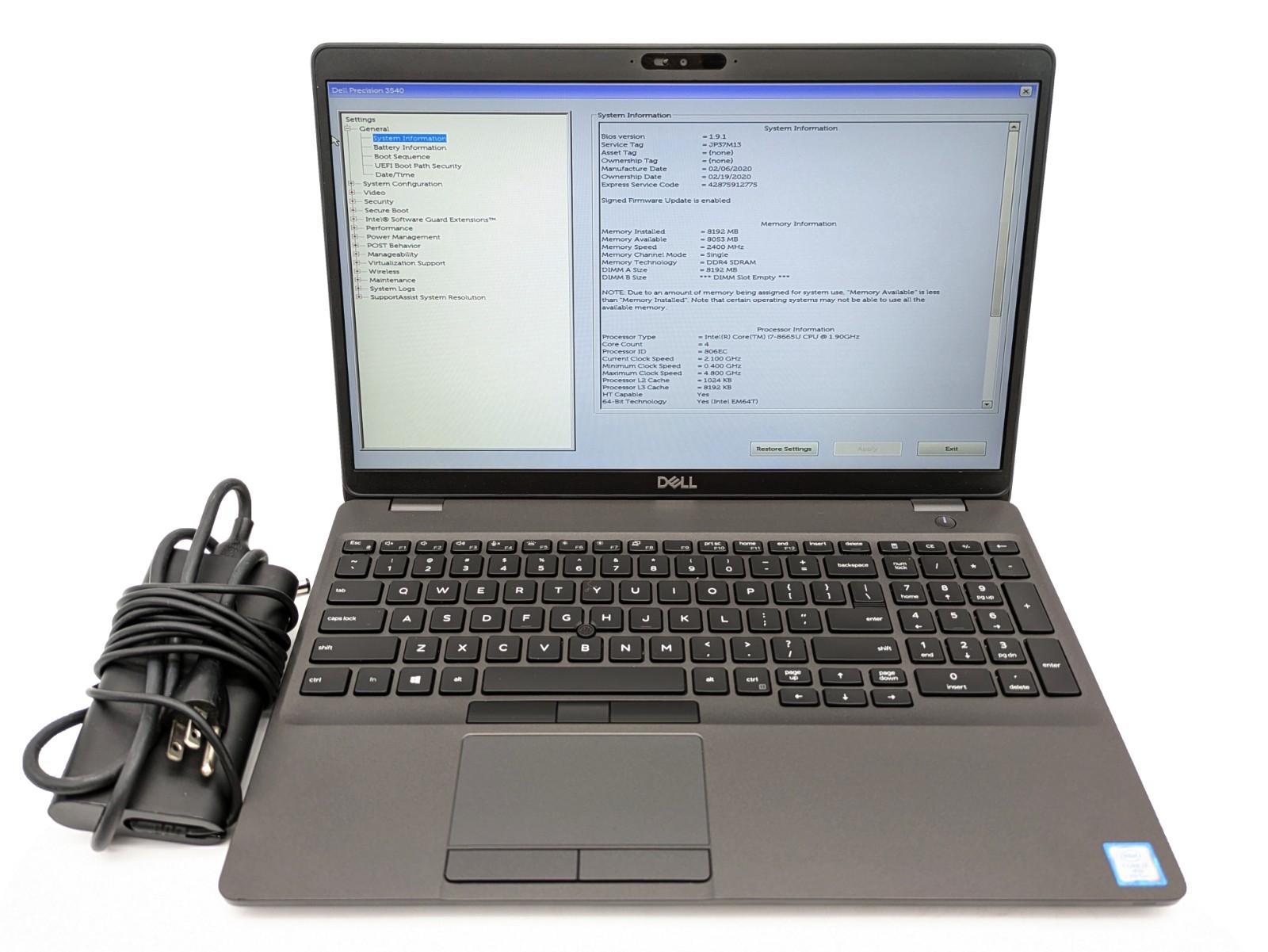 Dell Precision 3540 – Intel Core i7-8665U, 8GB RAM, 256GB SSD, no OS