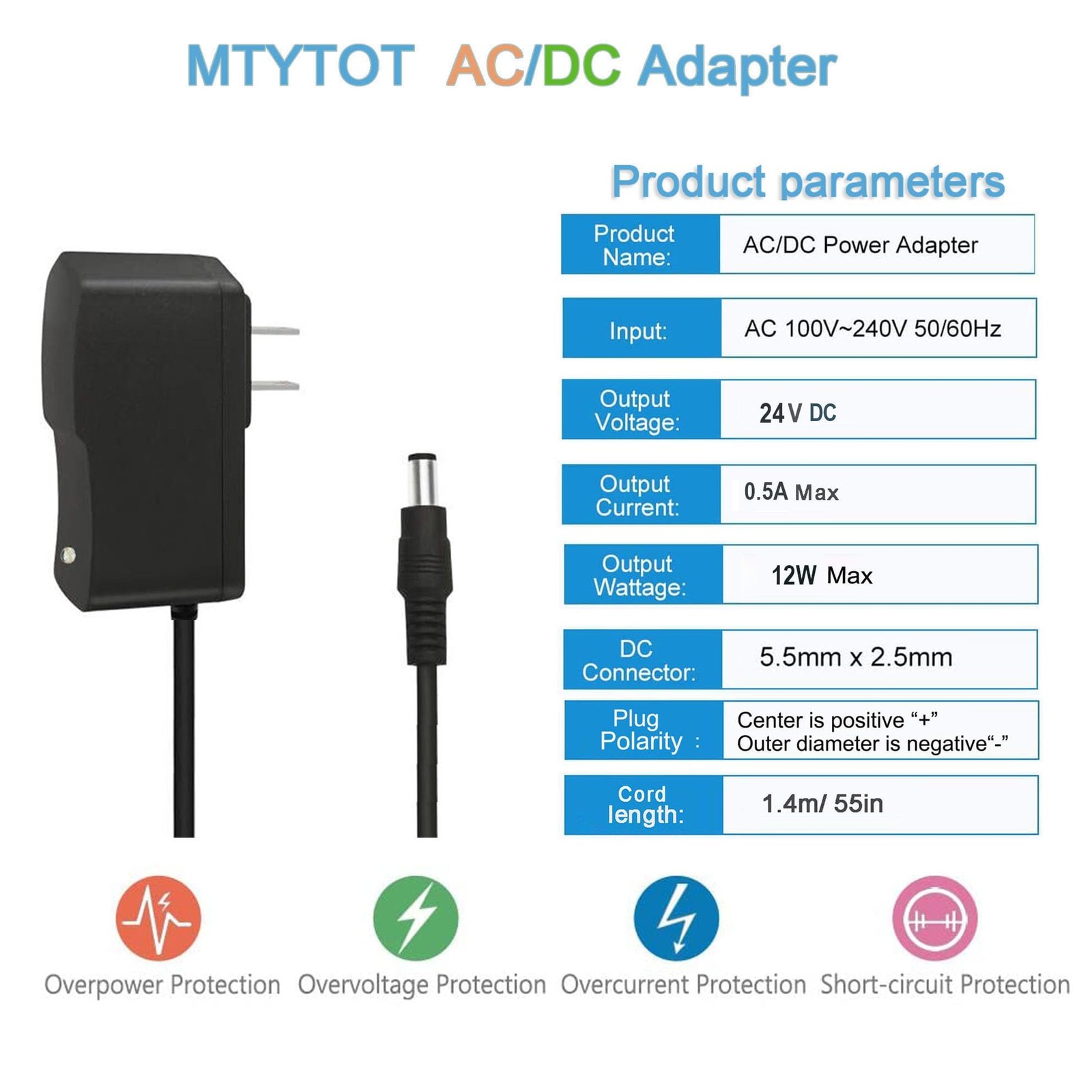 DC 24V 0.5A 500mA Power Supply 12W AC Adapter 100-240V 50-60Hz to Black