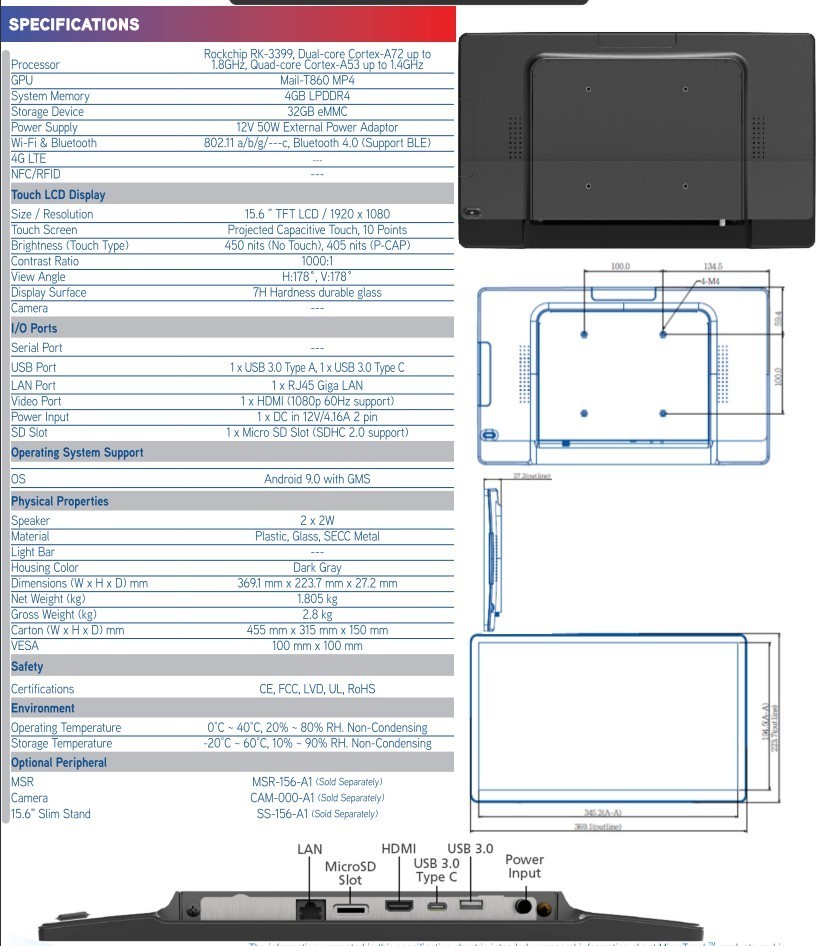 MicroTouch IC-156P-AA2 Android All-in-One Touch Screen Computer New w/o Stand