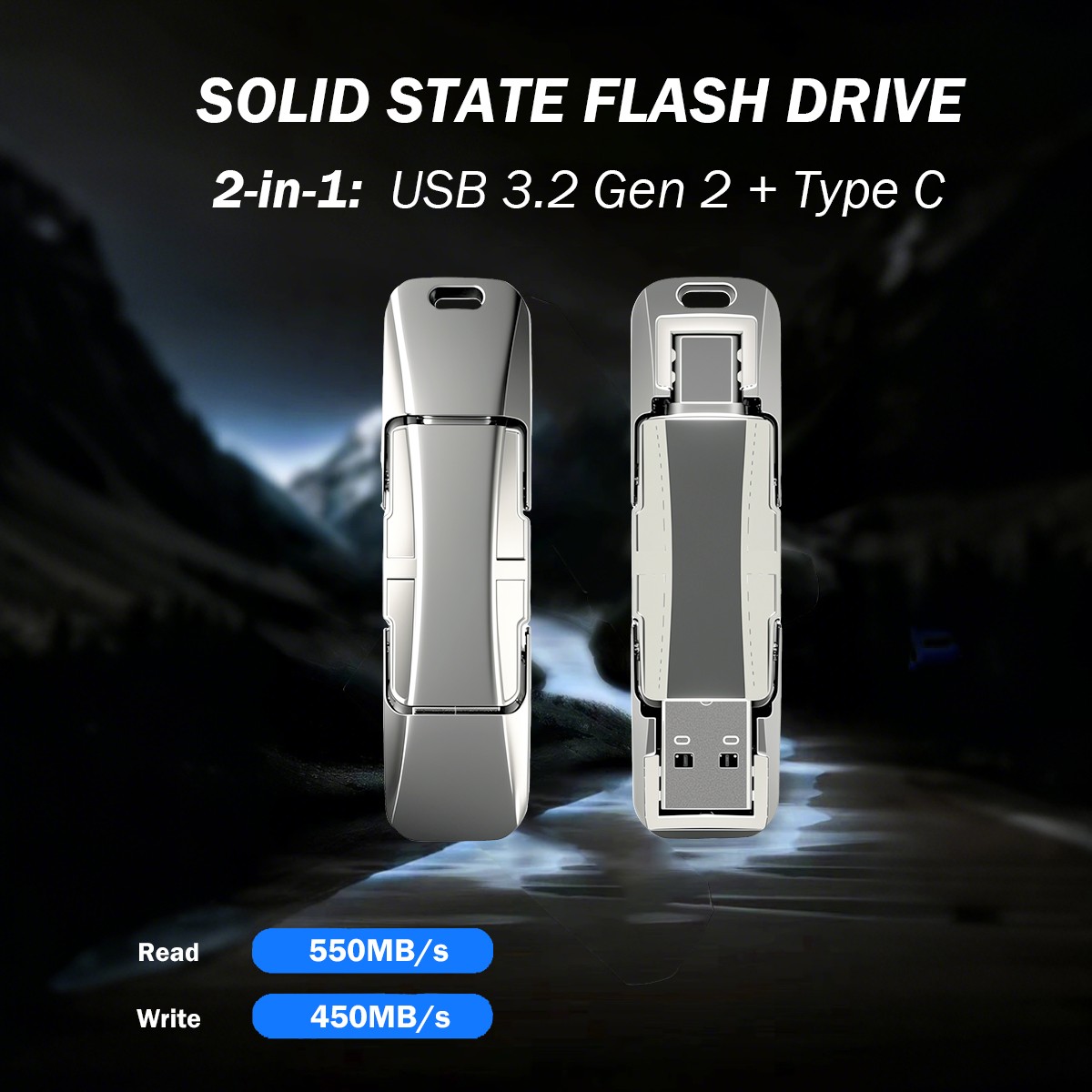 Solid State USB Flash Drive 550MB/s USB C & USB A 3.2 Dual Drive SSD Thumb Drive