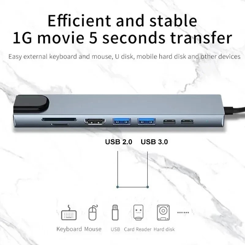8 in 1 USB-C Hub Type C To USB 3.0 4K HDMI PD Adapter For iPhone Macbook Pro Air