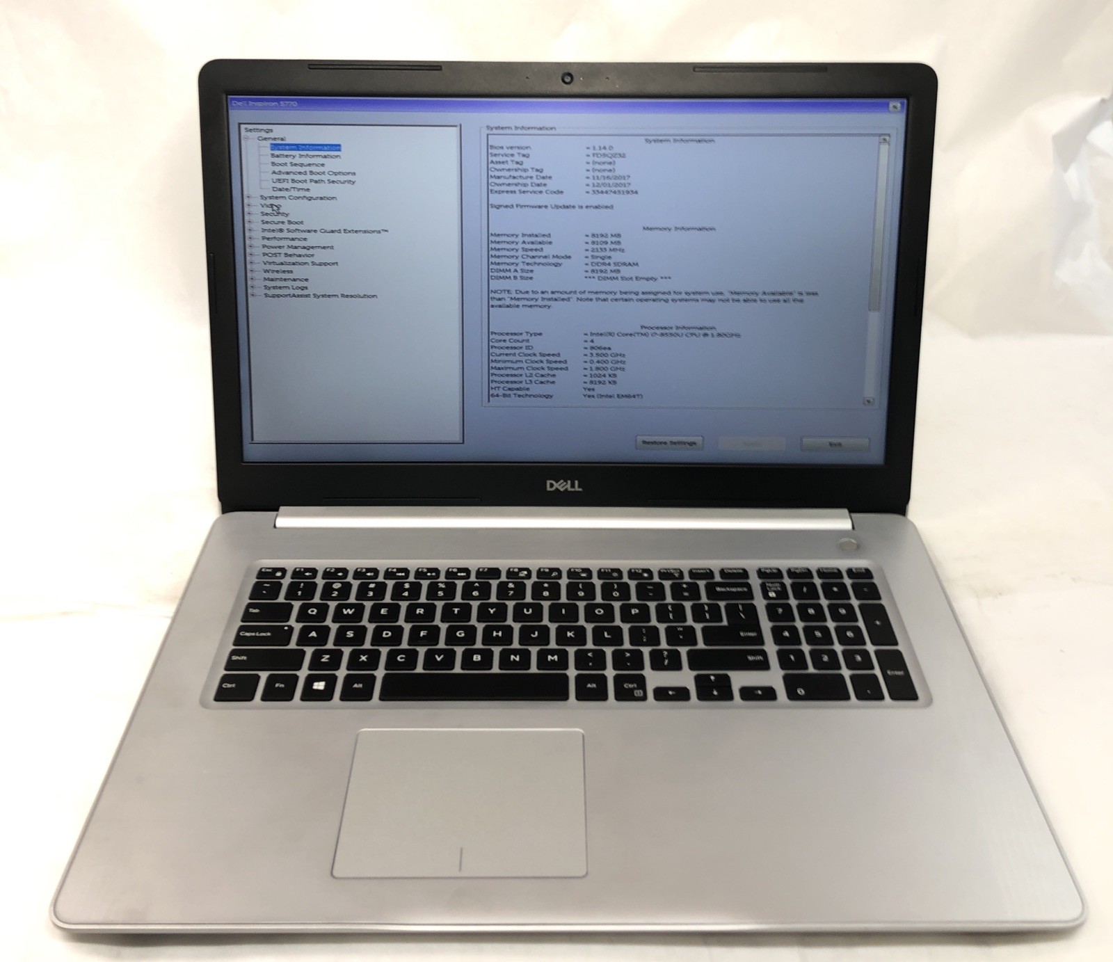 Dell Inspiron 5770, Intel Core i7-8550U @1.80Ghz, 8GB RAM, NO SSD/OS, Tested!
