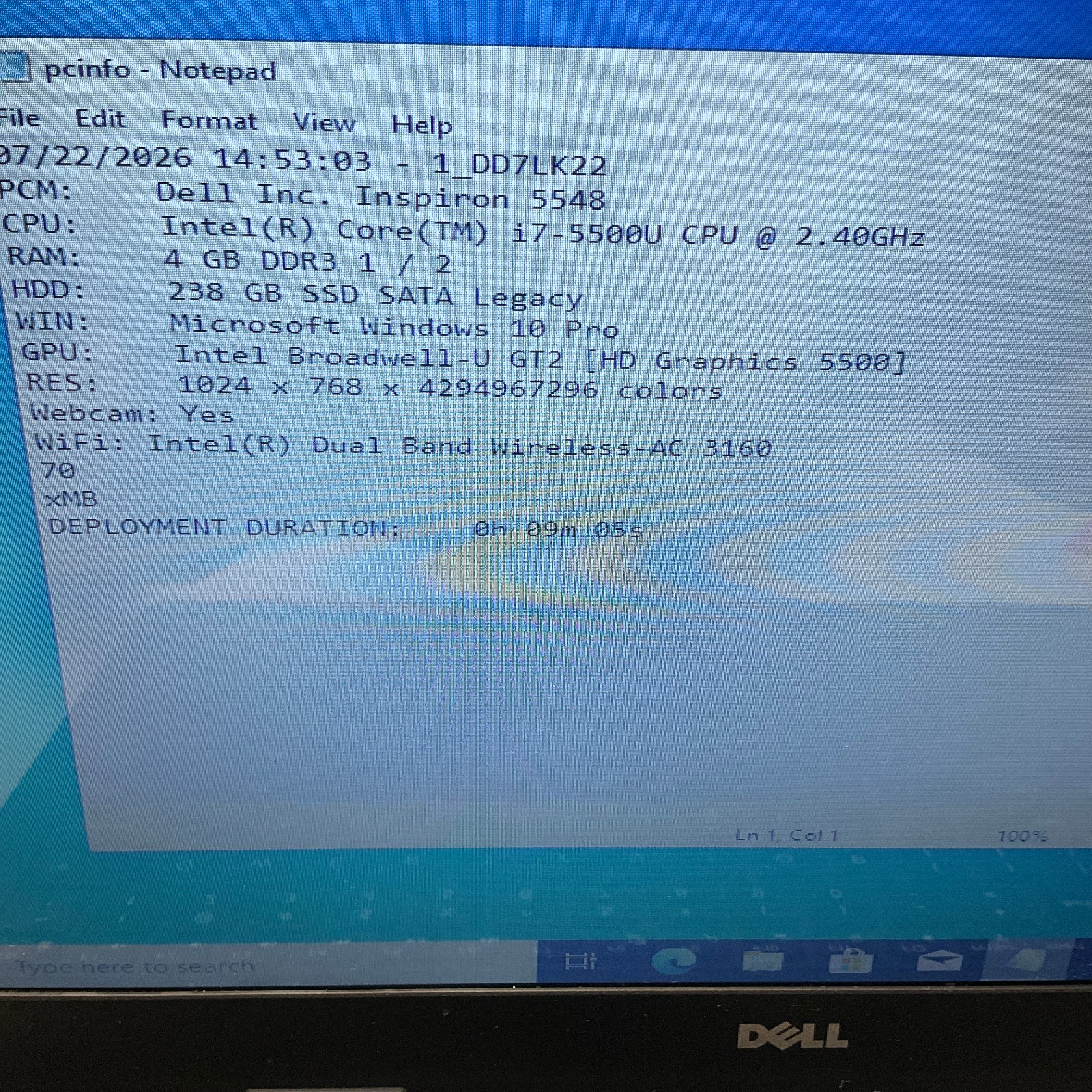 Dell Inspiron 5548 Laptop Intel i7-5500U 2.4GHz 4GB 256GB SSD Windows 10 Pro