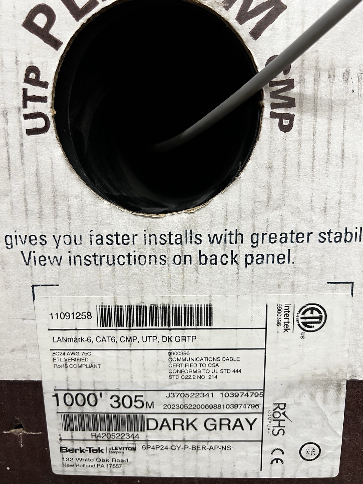 Berk-Tek LANmark-6 Cat6 Plenum Cable1000FT Box – CMP Rated – NEW