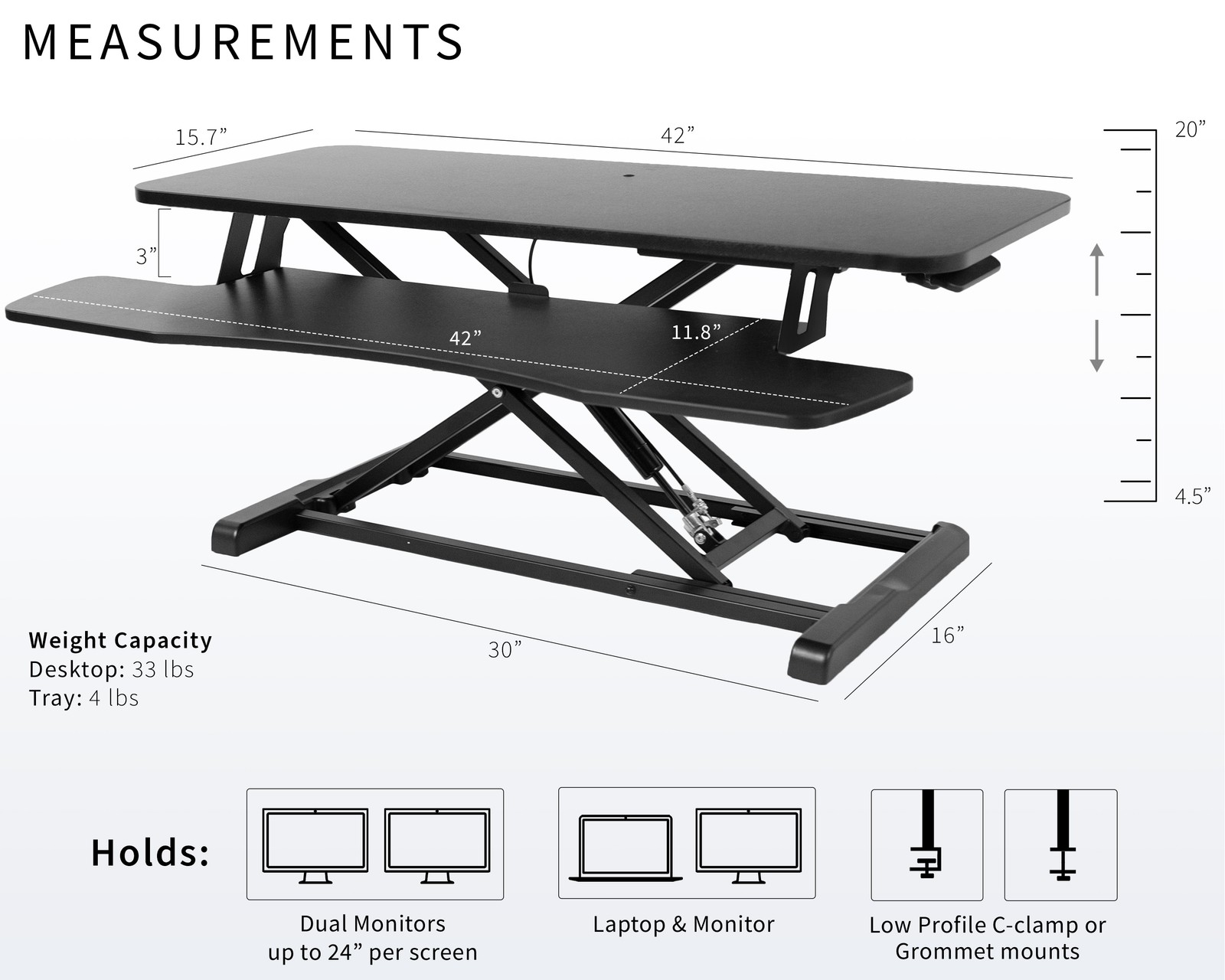 VIVO Black Height Adjustable 42″ Standing Desk Monitor Riser, Sit Stand Tabletop