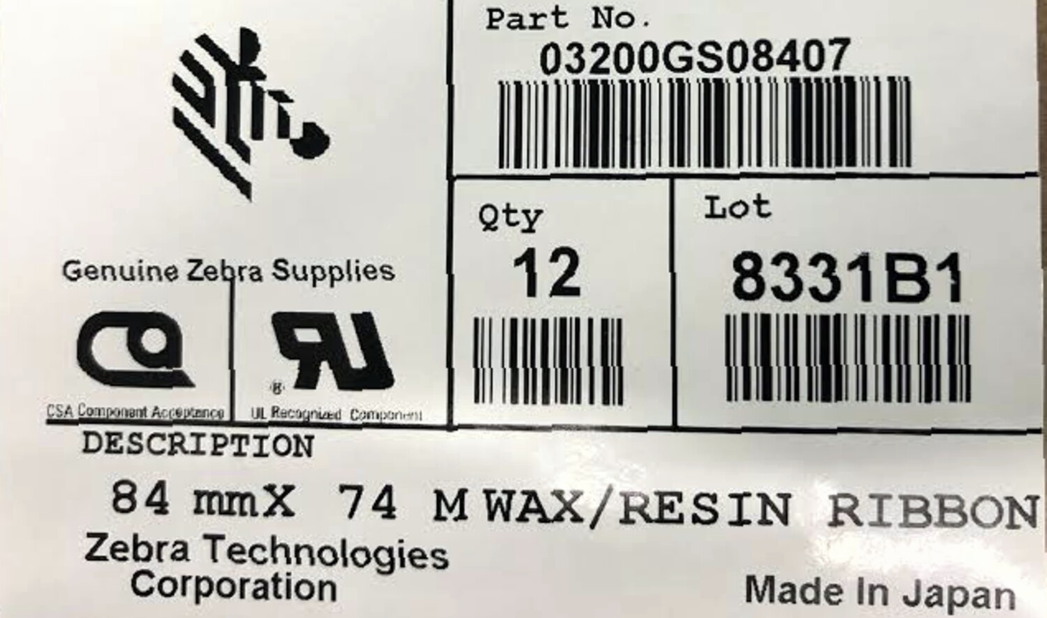 Zebra 03200GS08407 Wax Resin Ribbon 3.31″x242ft 3200 0.5in Core (12 Rolls)