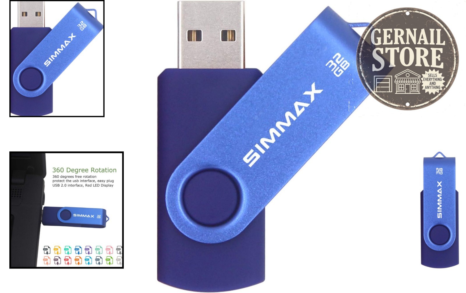 32GB USB 2.0 Flash Drive – Swivel Thumb Drive with LED Indicator, Blue