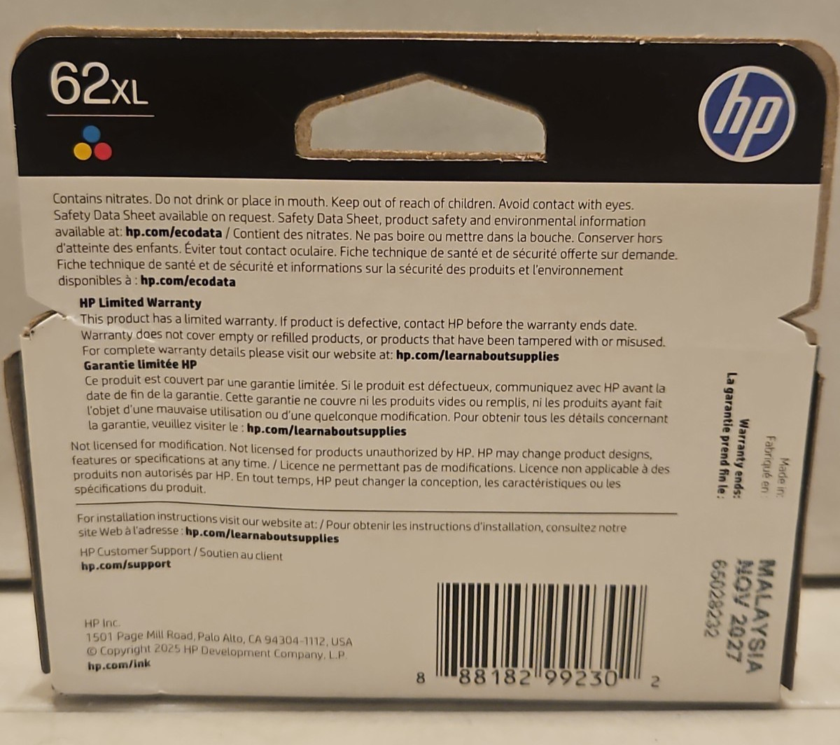 HP 62XL Tricolor Ink Cartridge (11/2027) New K