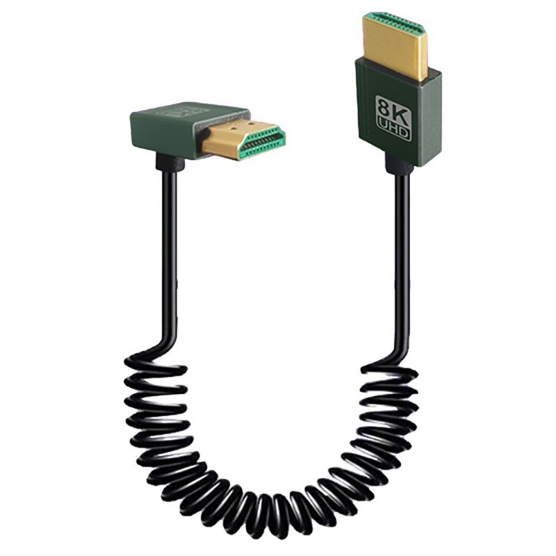 8K HDMI Stretch Coiled Cable HDMI 2.1 Type A Male to Male 90 Degree Down Angled