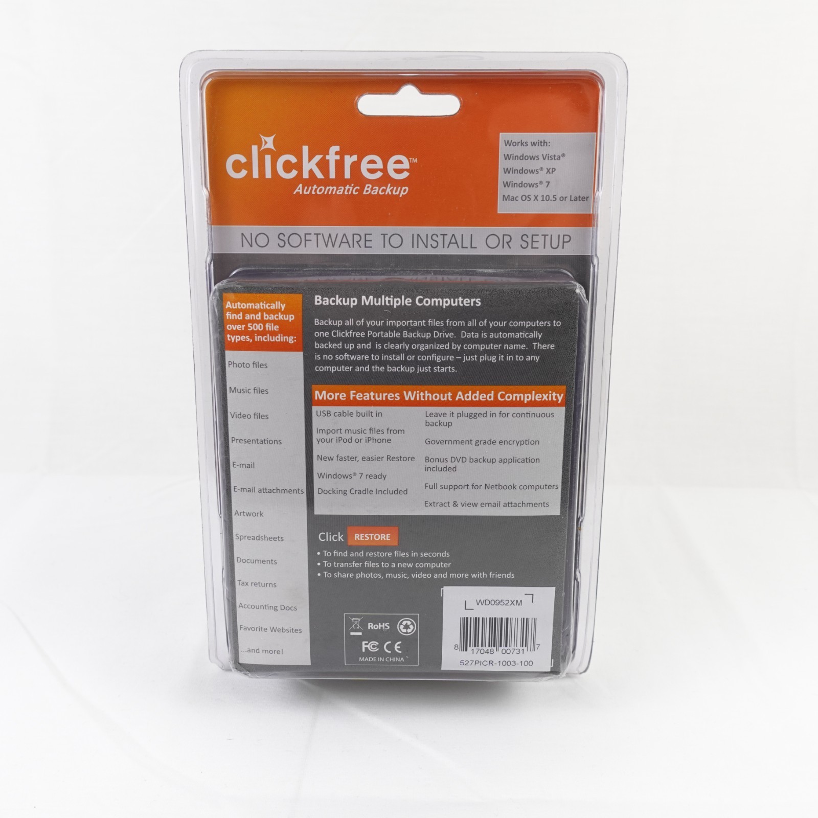 Clickfree Automatic Backup 500GB External Hard Drive Portable Backup NEW Sealed