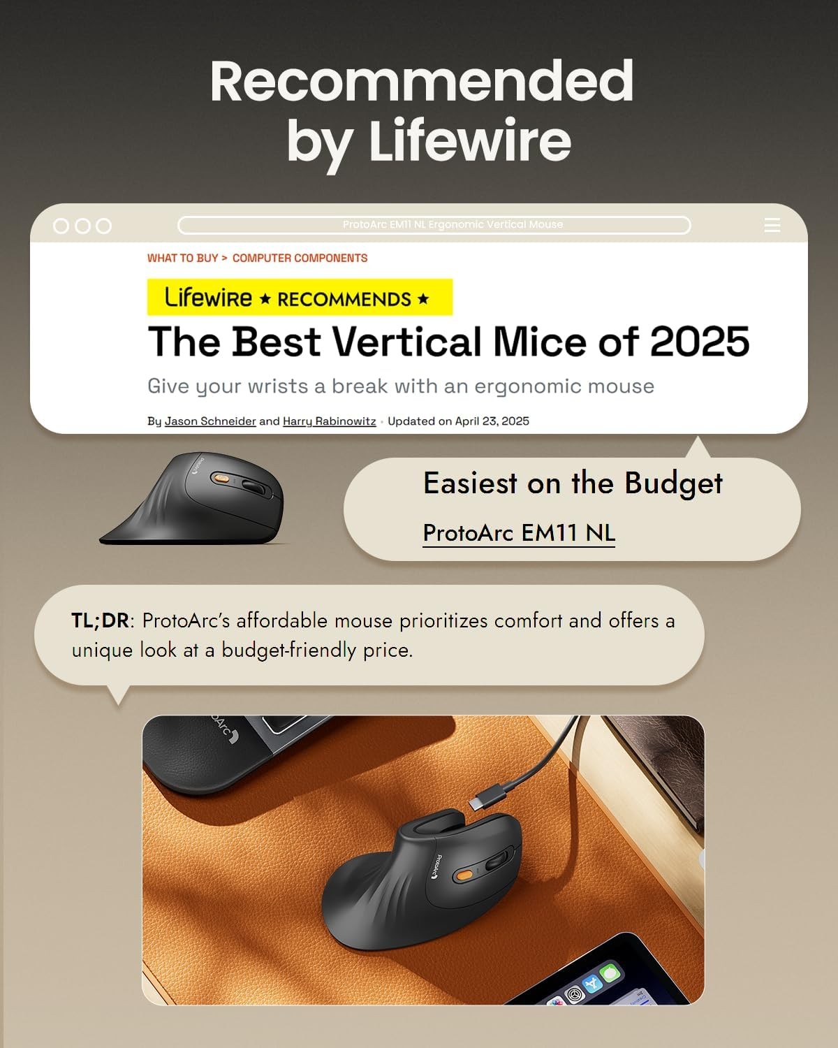 EM11 NL Vertical Ergonomic Mouse Bluetooth Rechargeable Wireless Multi Device