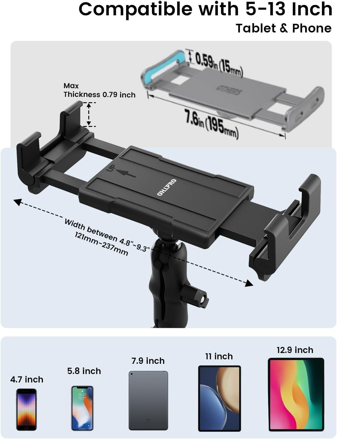 Heavy Duty Tablet Mount | Car Truck Dash/Windshield Holder for 4.7″-12.9″ iPad