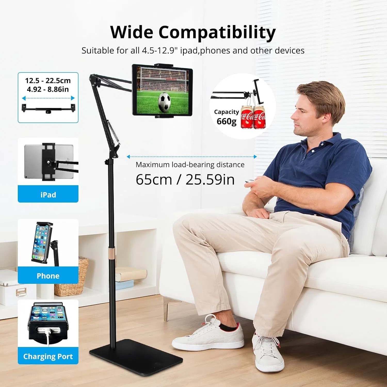 Universal 360° Tablet Holder Floor Stand Clamp Adjustable for 4-17″ Phone iPad
