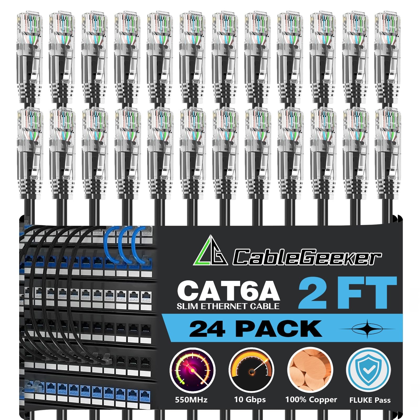 Patch Cable Cat6a 2ft 24 Pack 10G Support Snagless RJ45 Black Slim Flexible