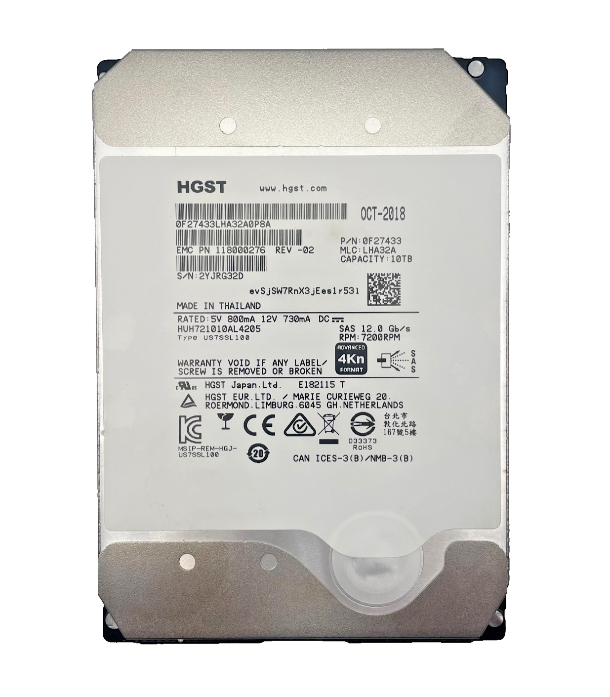 Dell HGST H5H72101CLAR10T0 10TB 7.2K SAS 12Gb/s SED 3.5in Grade A 1.5K POH
