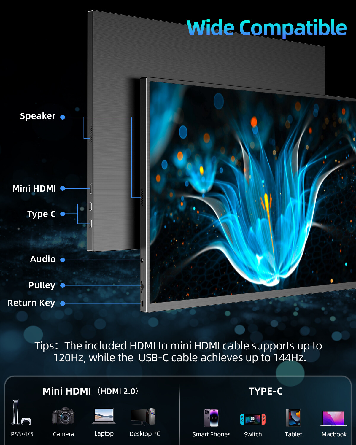 UPERFECT 17.3″ HDR 2560*1440 IPS LCD Monitor 2K USB C Mini HDMI Input Speaker US