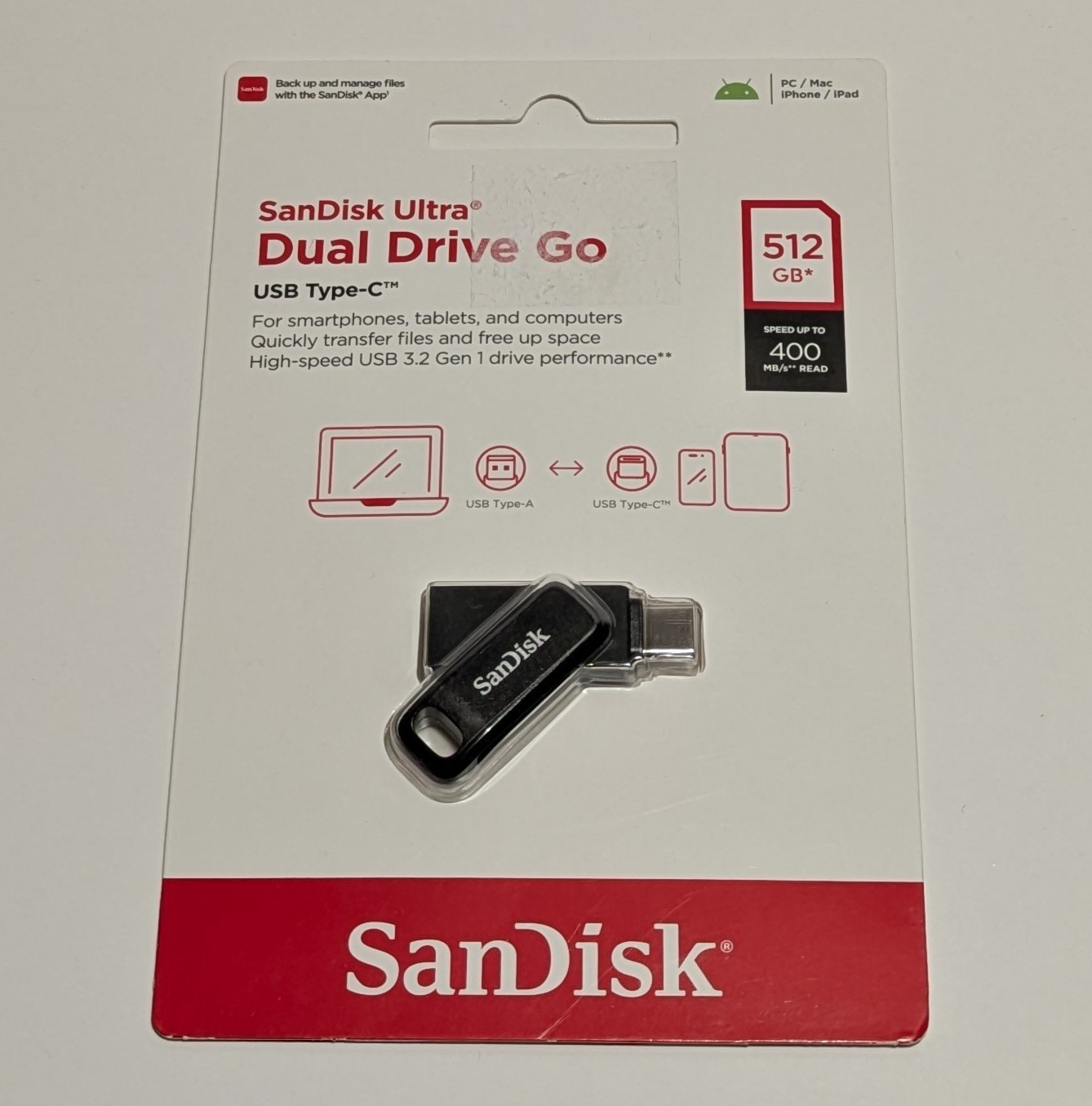 SanDisk Ultra Dual Drive Go 512GB USB-C/USB-A Flash Drive 400MB/s