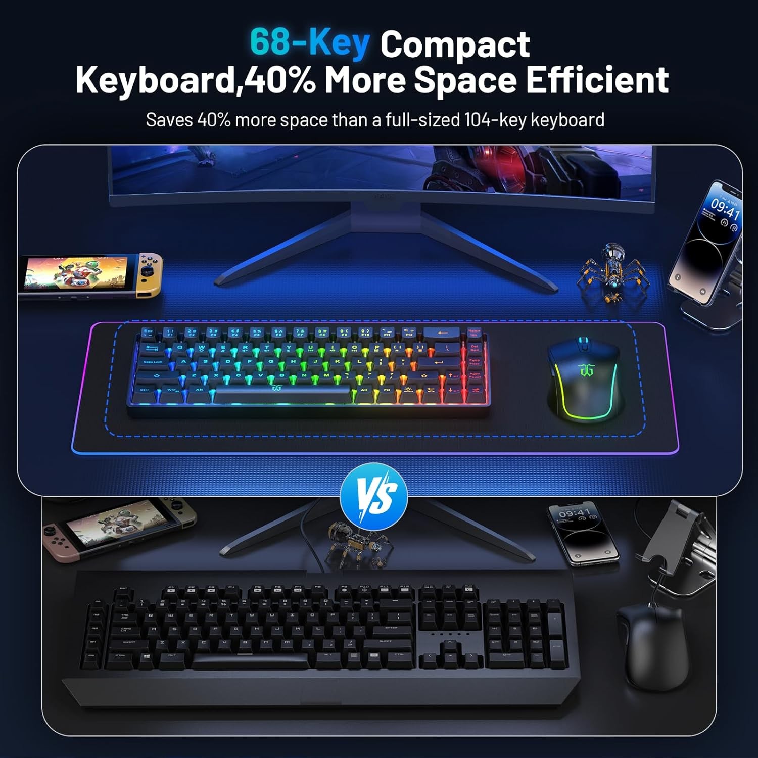 Snpurdiri 60% Wireless Gaming Keyboard & Mouse Combo, 68Key Backlit Rechargeable
