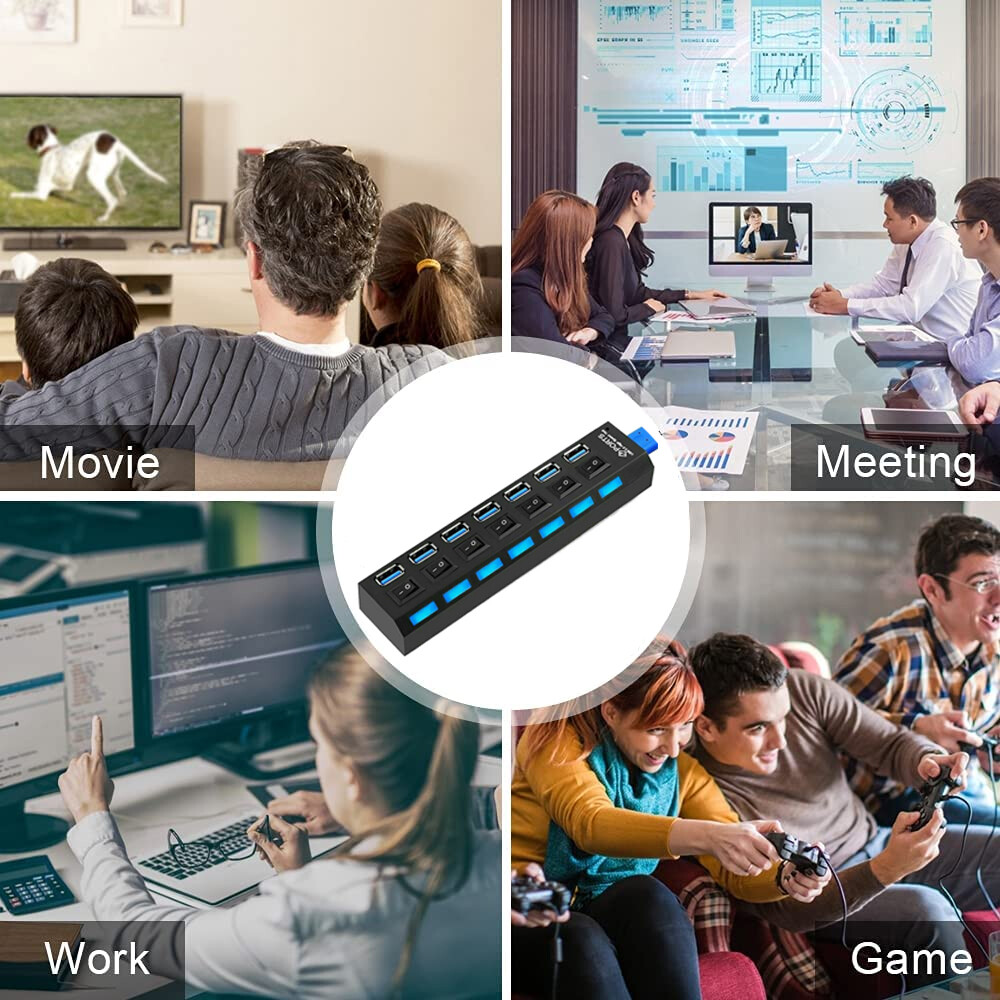 7 Port USB 2.0 / 3.0 Hub Splitter Adapter High Speed For PC Laptop Mac Desktop