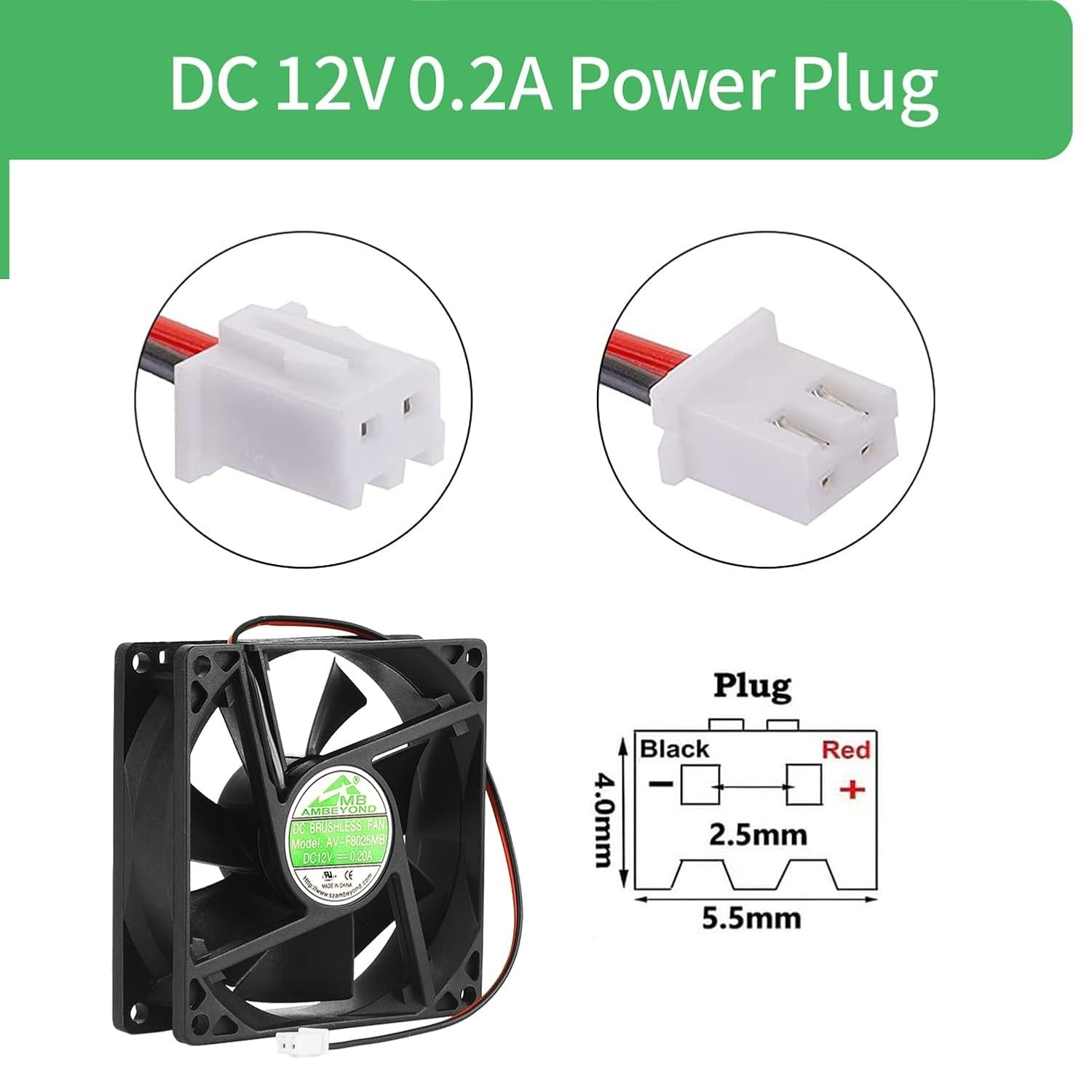 2 Pack 80mm by 80mm by 25mm 8025 12V DC 0.20A Ball Bearing Brushless Cooling Fan
