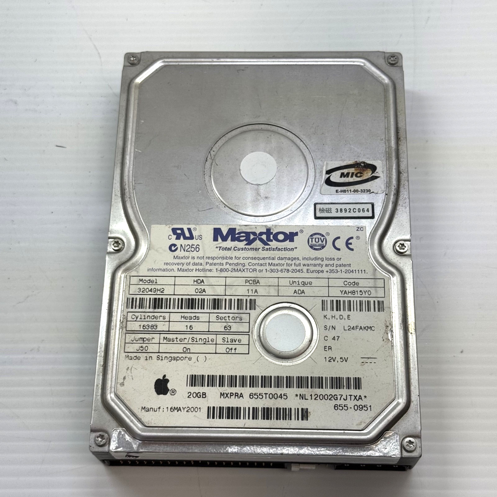 MAXTOR 92049U3 3.5 20.4GB IDE HARD DRIVE APPLE 655-0951