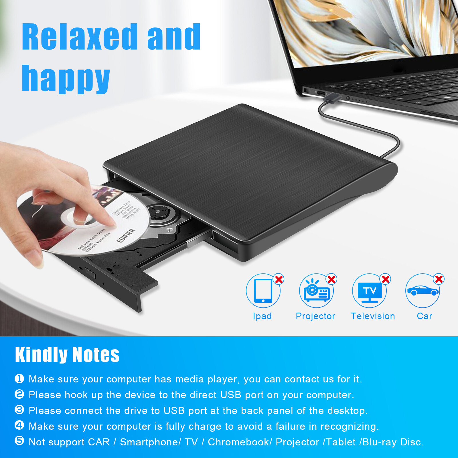 External CD DVD Drive Type-C USB 3.0 Player Disc Burner Reader for Laptop MAC OS