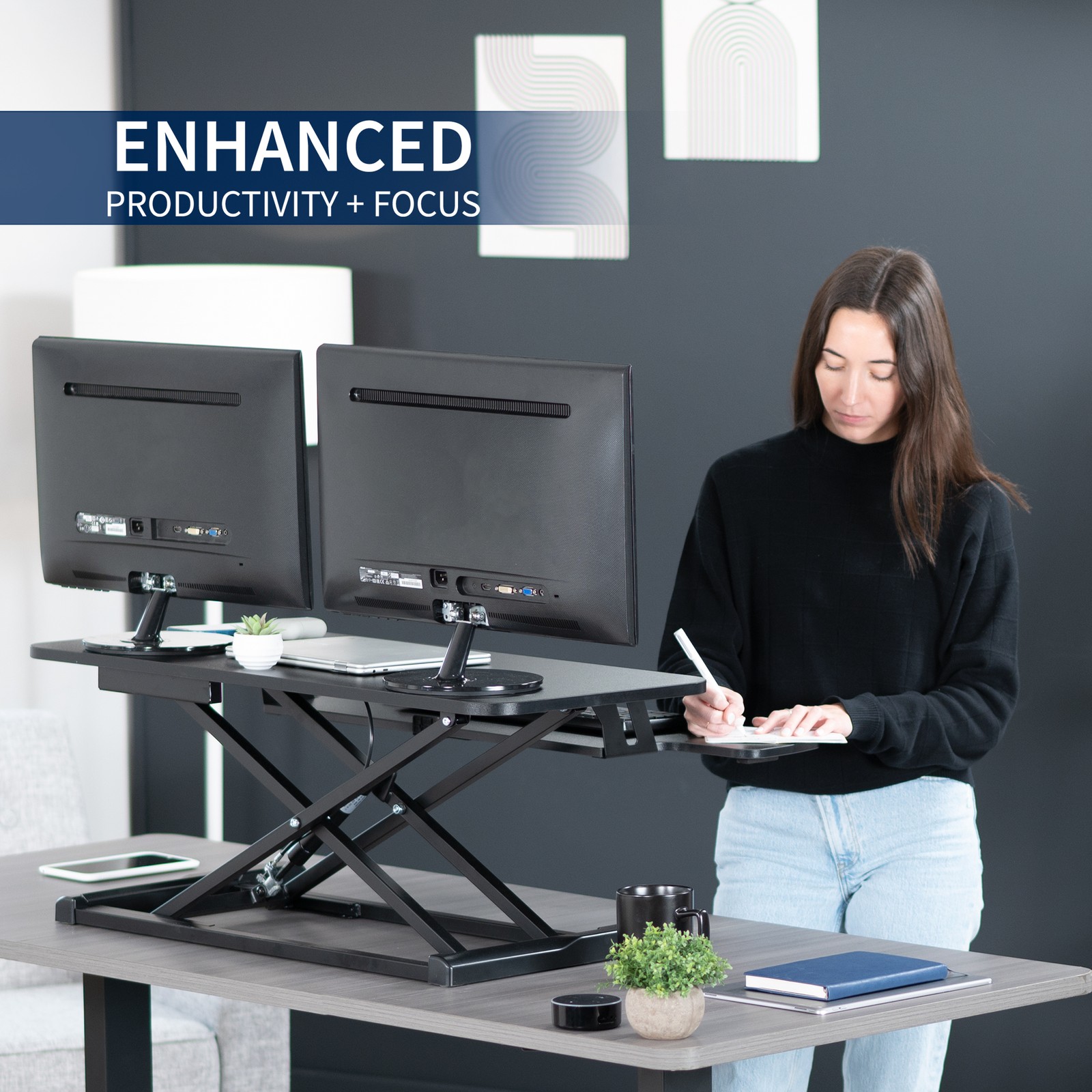 VIVO Black Height Adjustable 36″ Standing Desk Monitor Riser, Sit Stand Tabletop