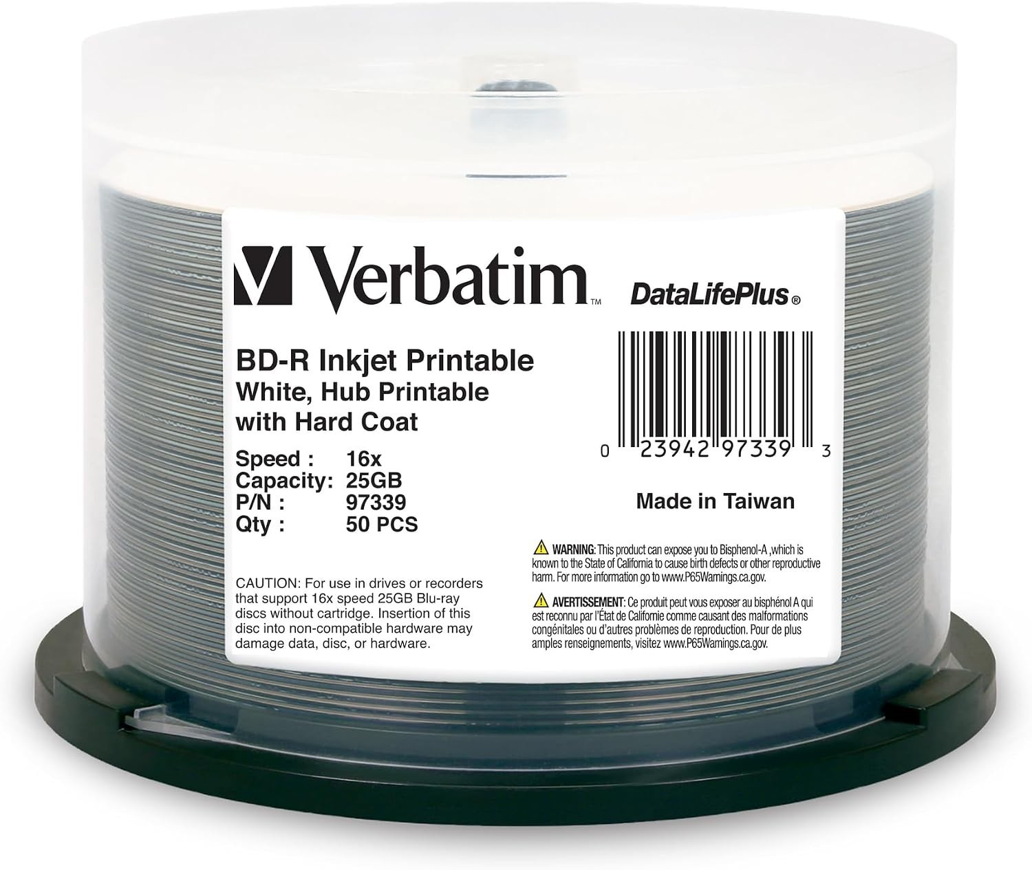 50 VERBATIM Blu-Ray 16X BD-R 25GB DataLifePlus White Inkjet Hub Printable 97339