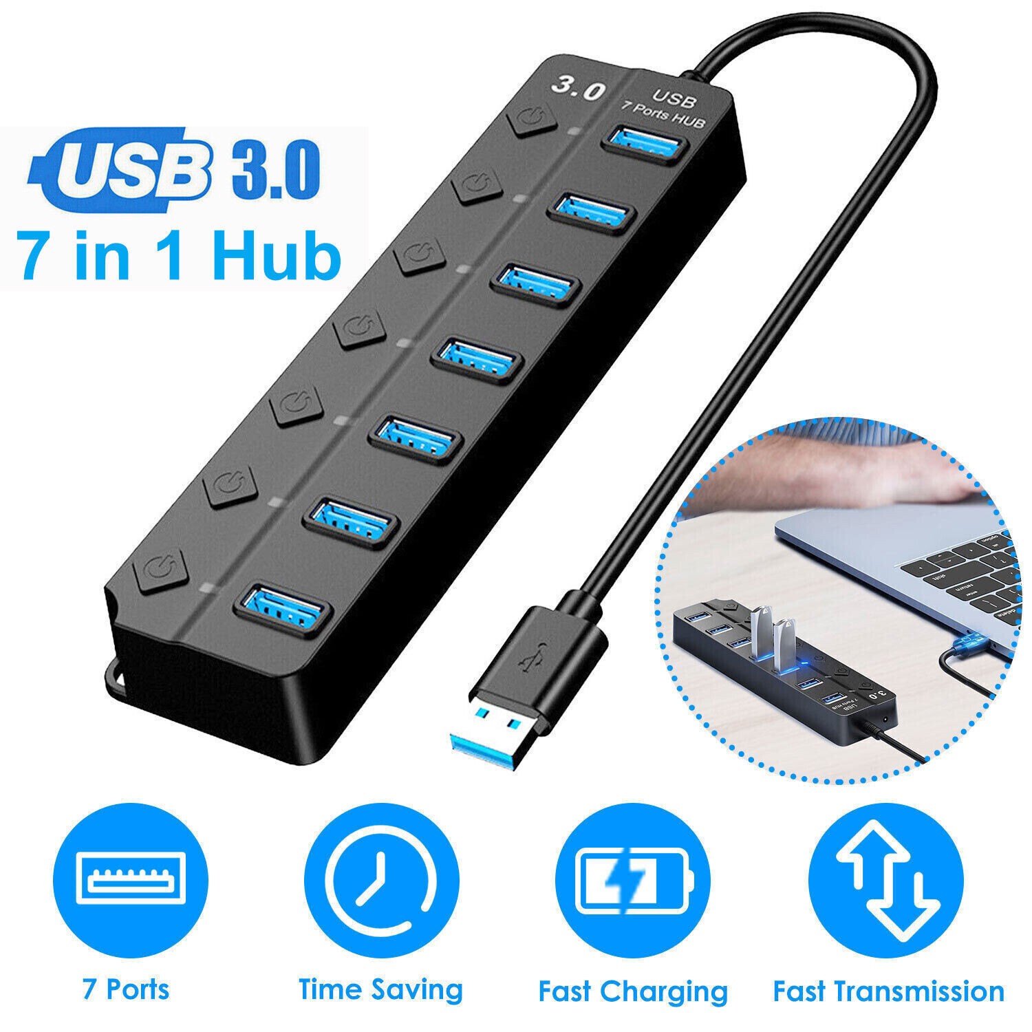 7 Port USB 3.0 Hub Splitter Adapter Cable High Speed For PC Laptop Mac Desktop